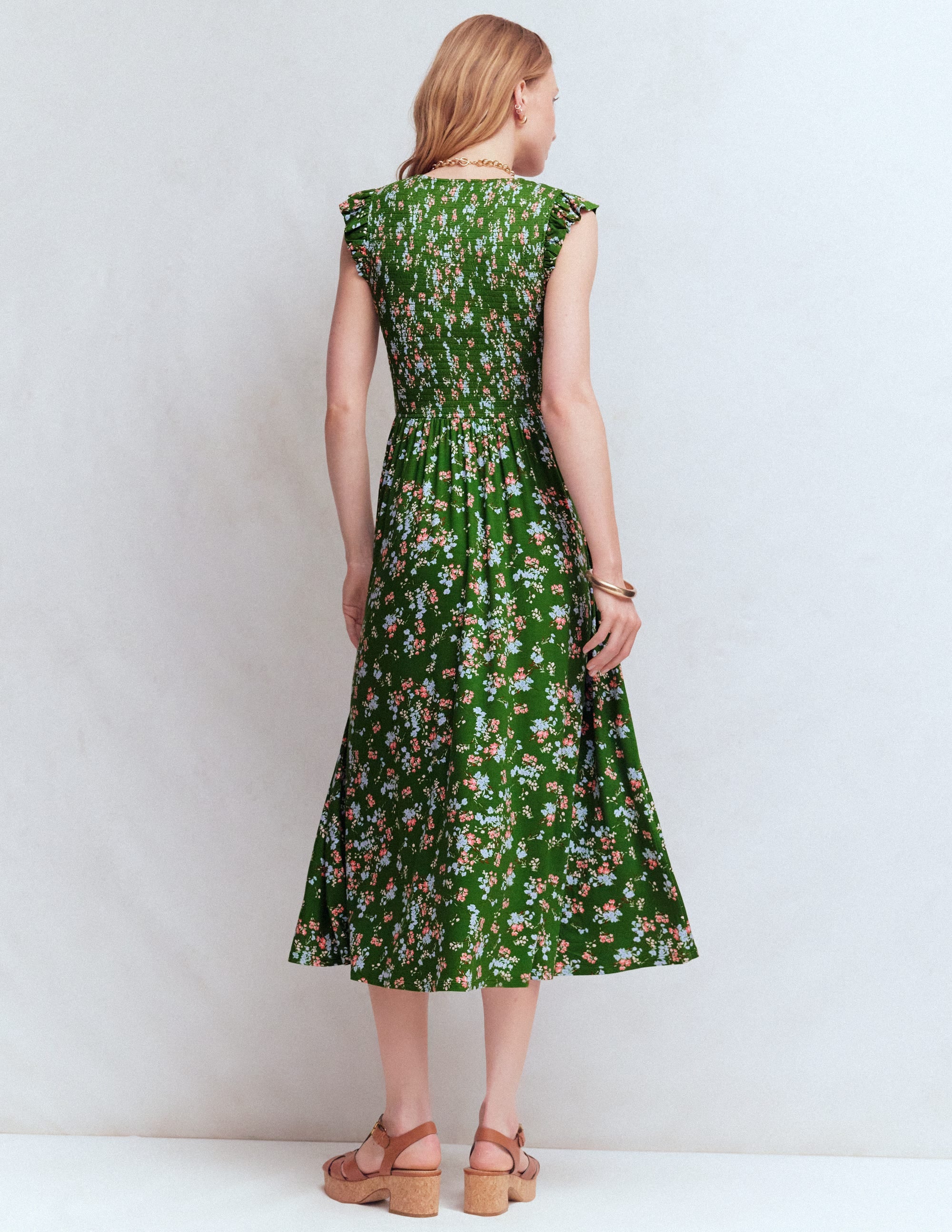 Smocked Jersey Midi Dress-Promenade Green, Bloom Scatter - Image 3