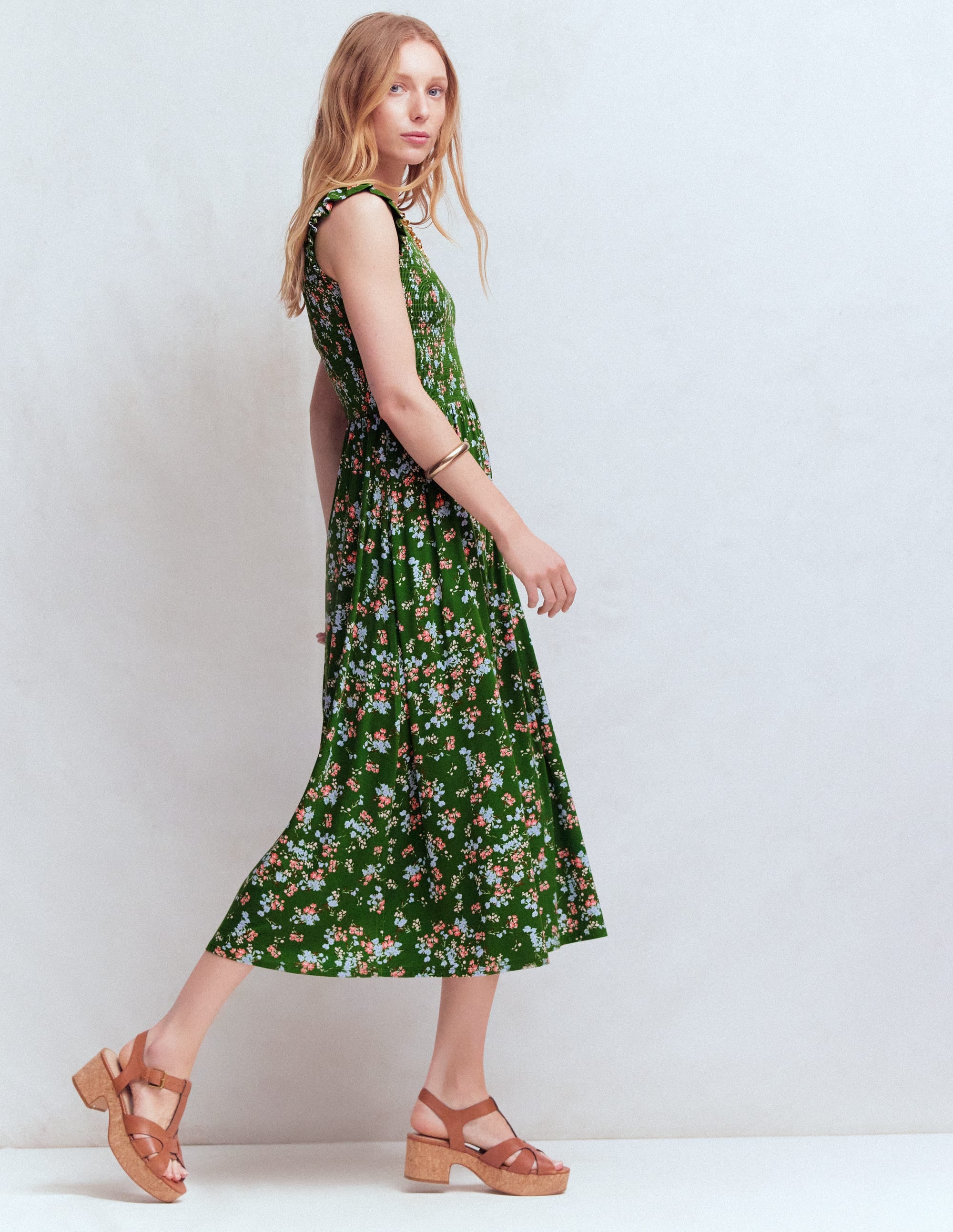 Smocked Jersey Midi Dress-Promenade Green, Bloom Scatter - Image 4