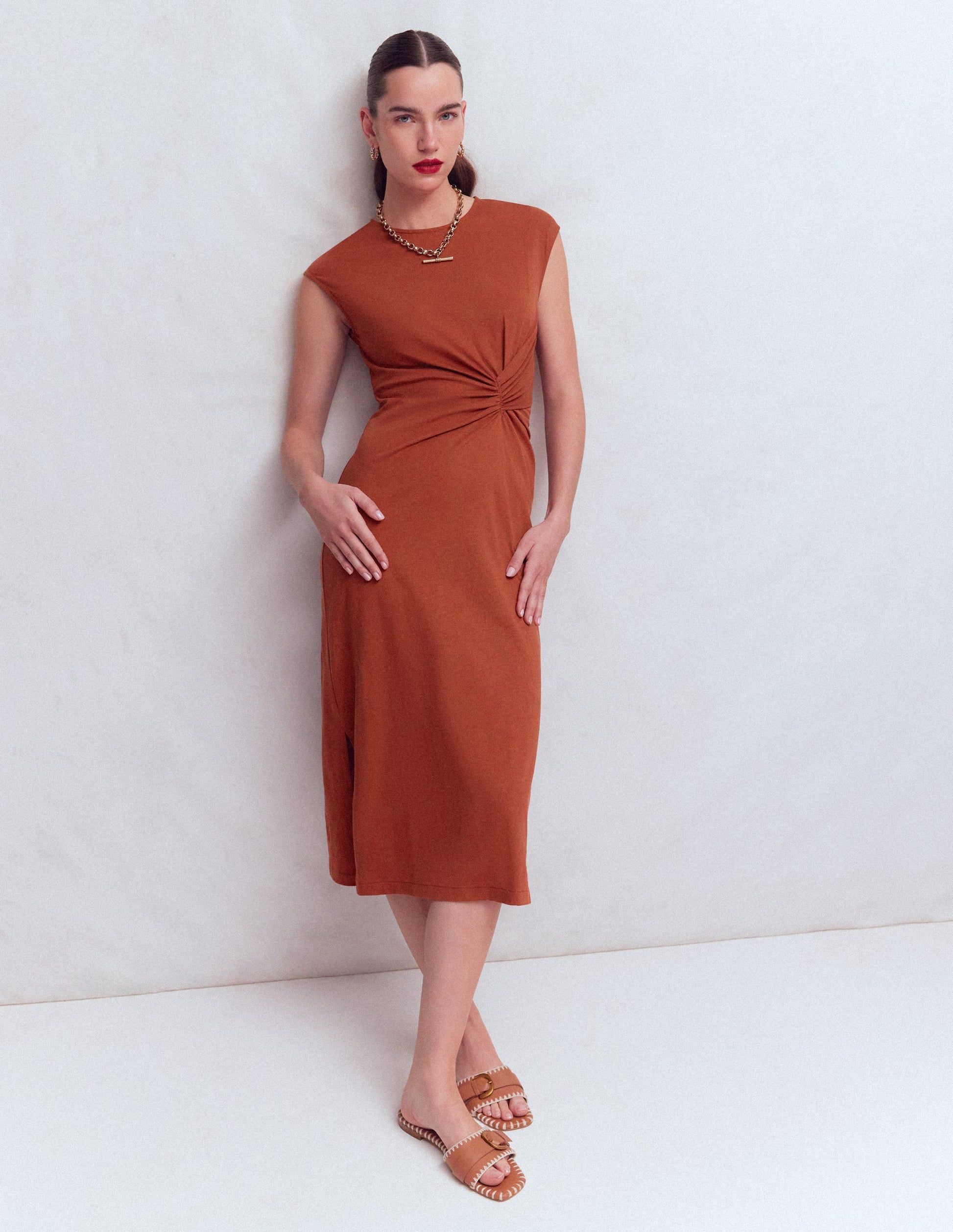 Delilah Twist Midi Dress-Burnt Orange-4
