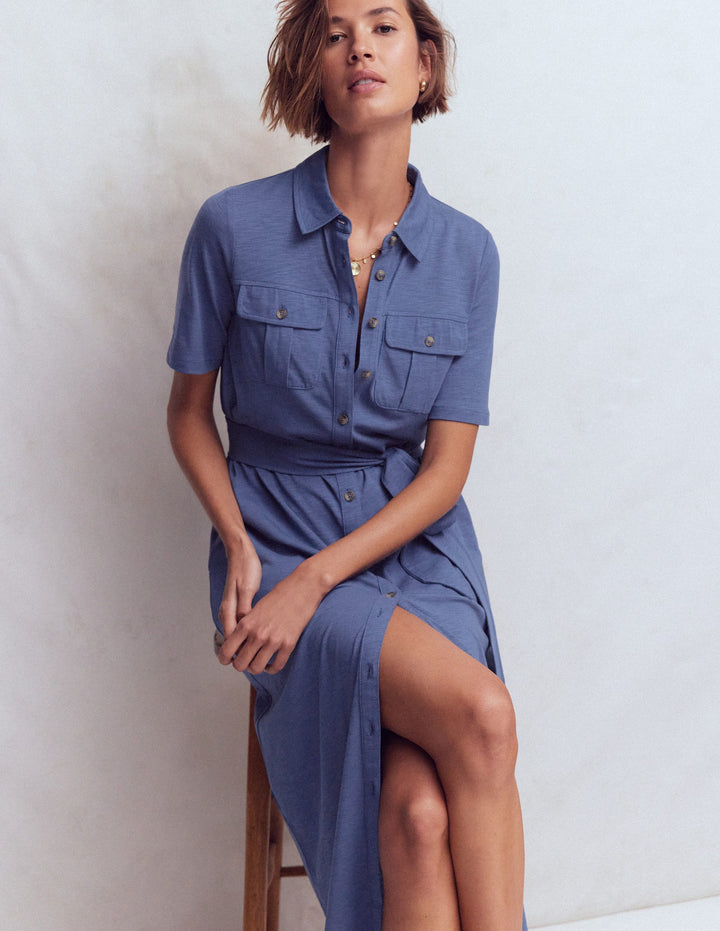 Mavis Midi Jersey Shirt Dress-Denim Blue