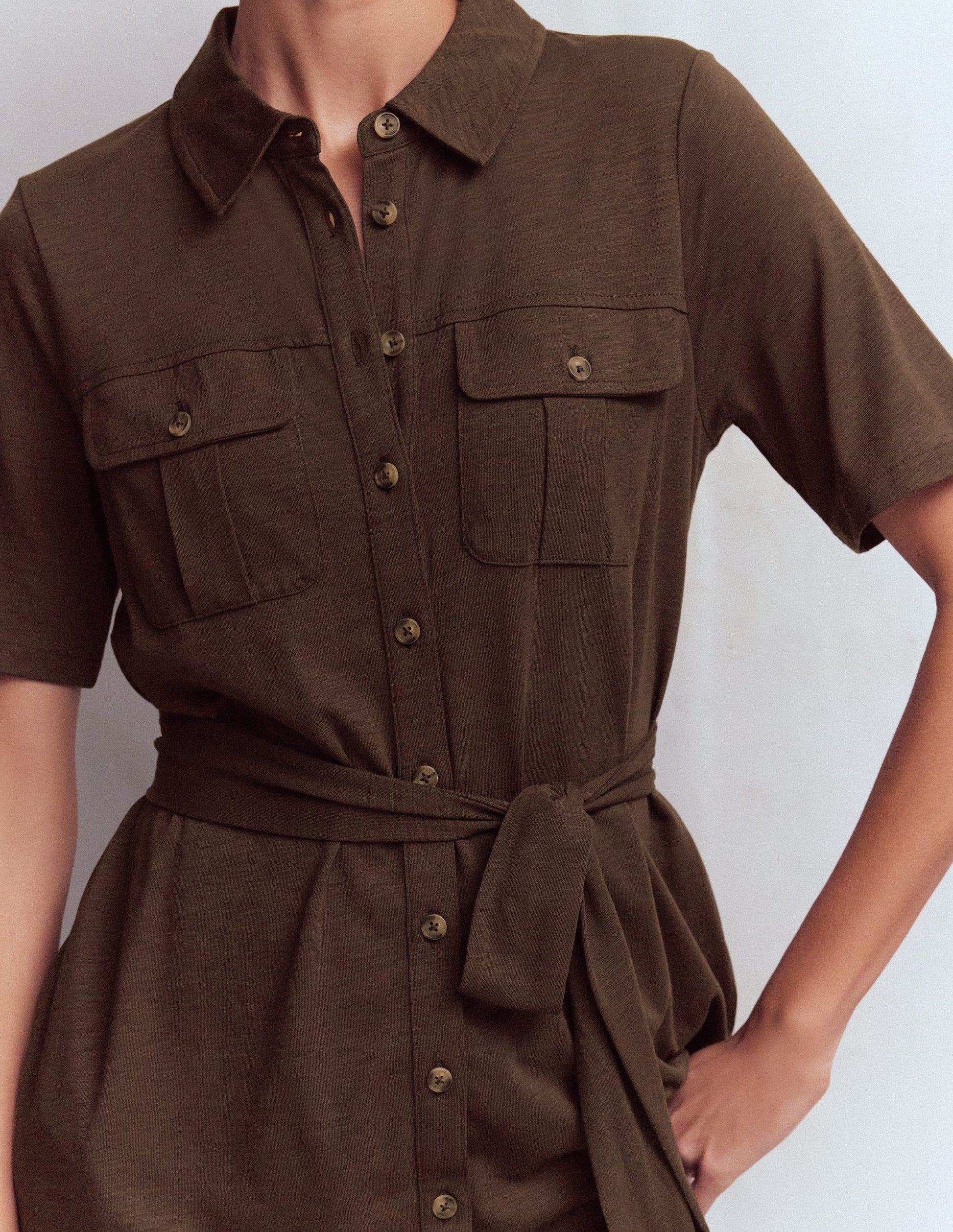 Mavis Midi Jersey Shirt Dress-Bitter Chocolate-2
