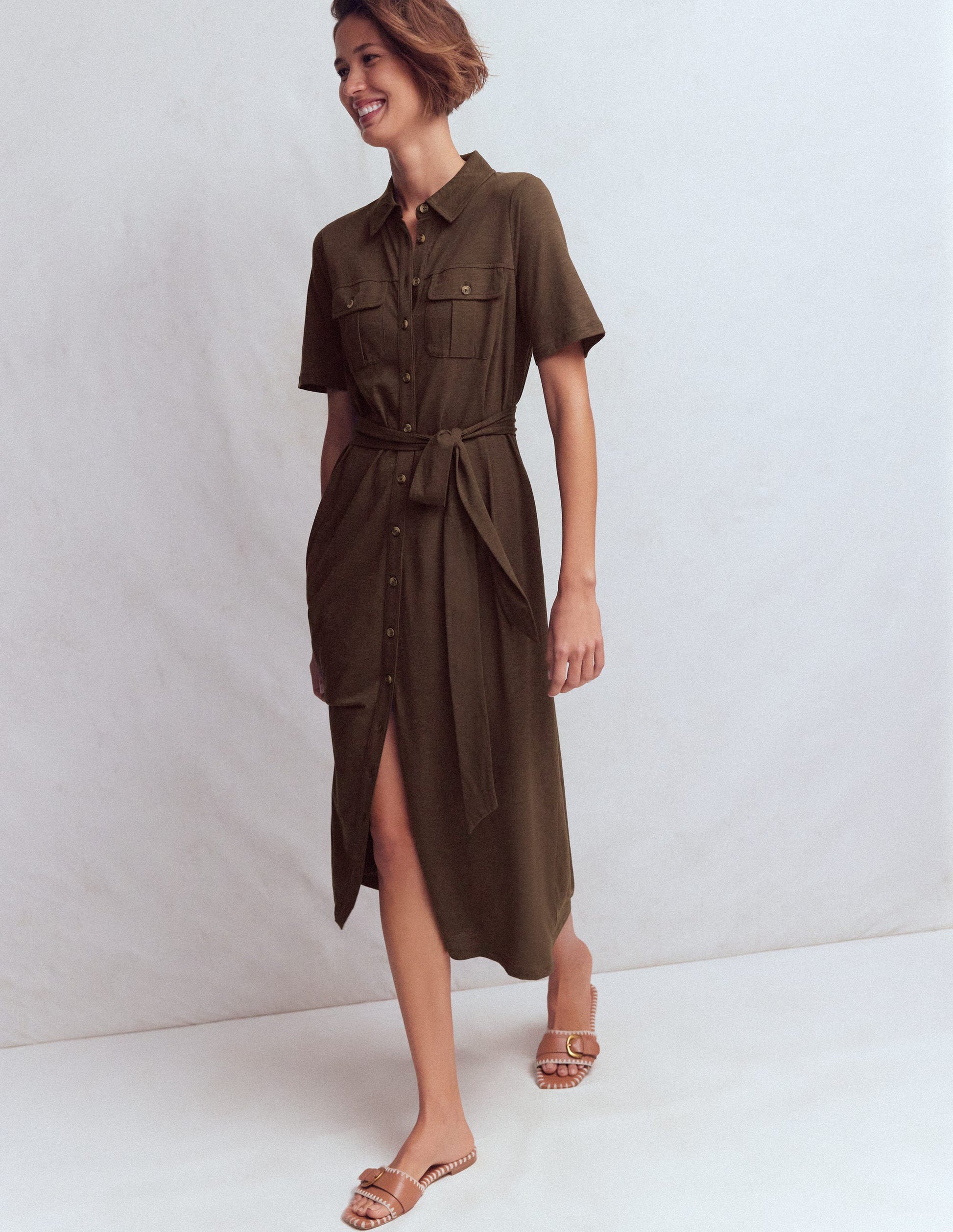 Mavis Midi Jersey Shirt Dress-Bitter Chocolate-4