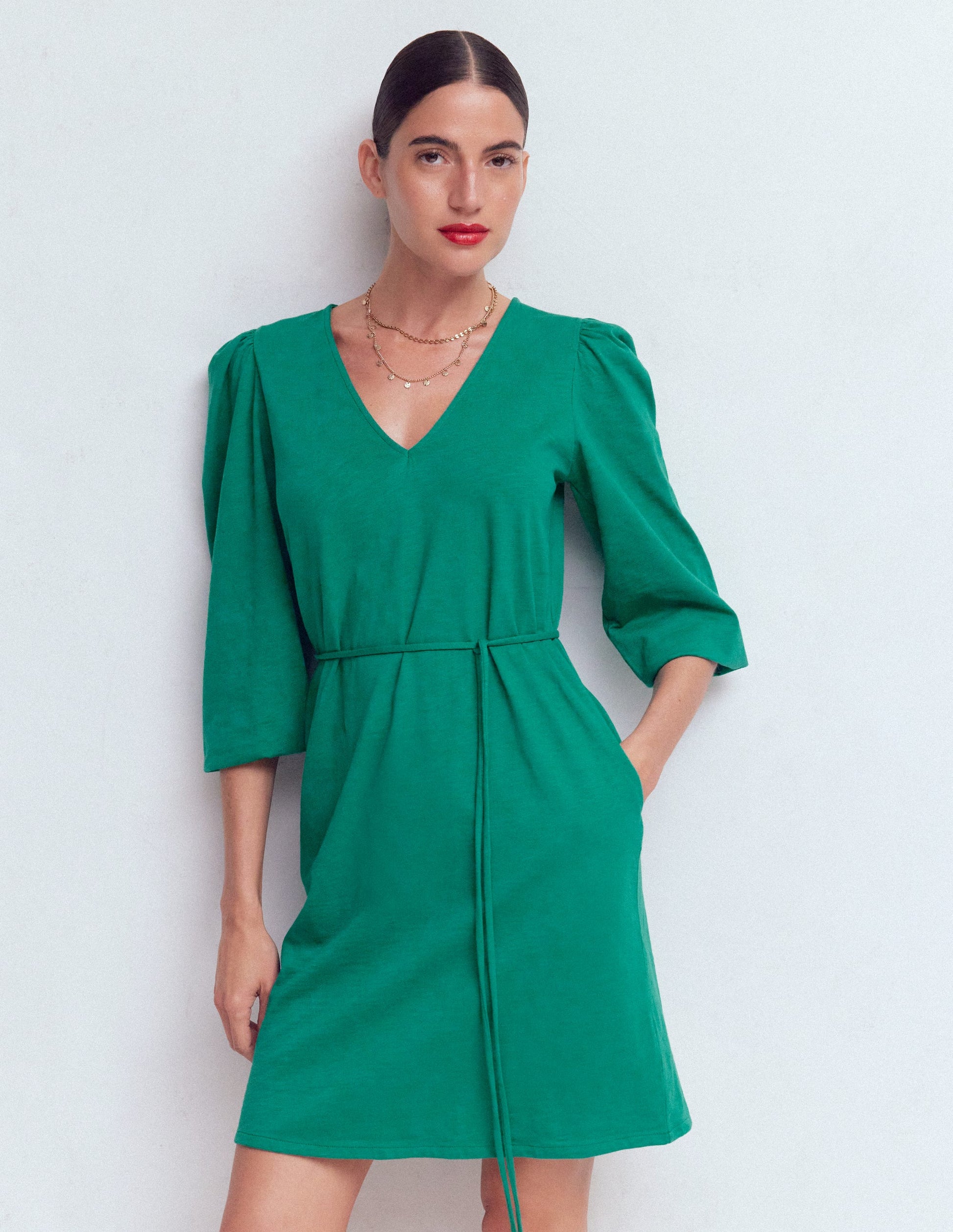 Cary V-Neck Short Dress-Deep Teal-1