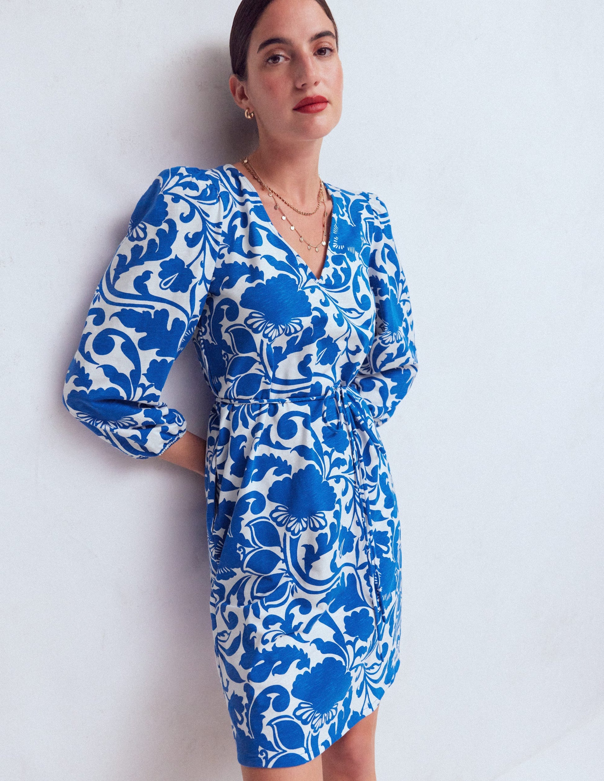 Cary V-Neck Jersey Dress-Blue, Flourishing Meadow-1