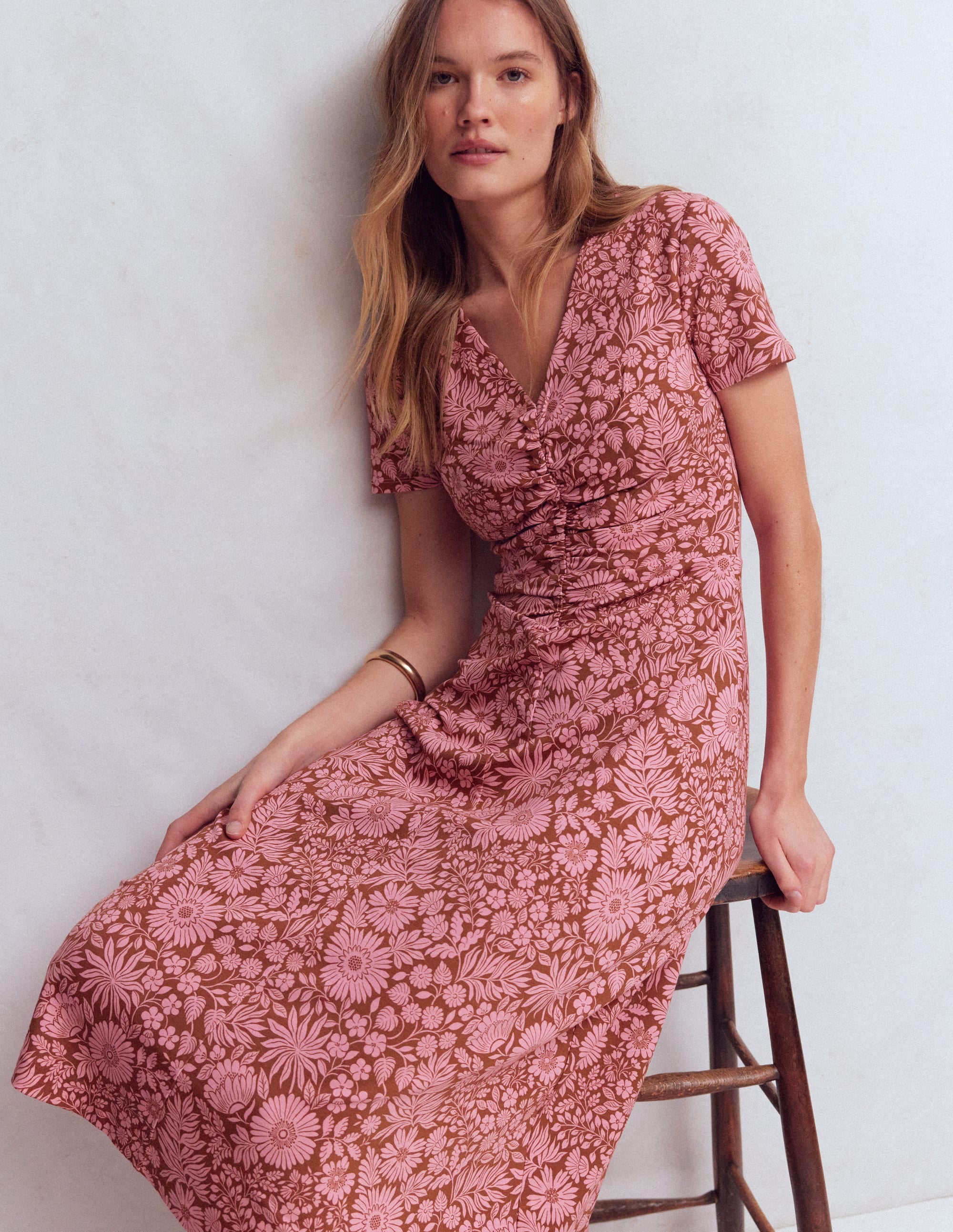 Una Ruched Front Ponte Dress-Russet, Flowerbed Bloom - Image 1