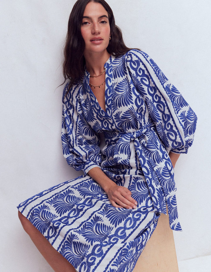 Octavia Cotton Dress-Blue Ivory Embroidery