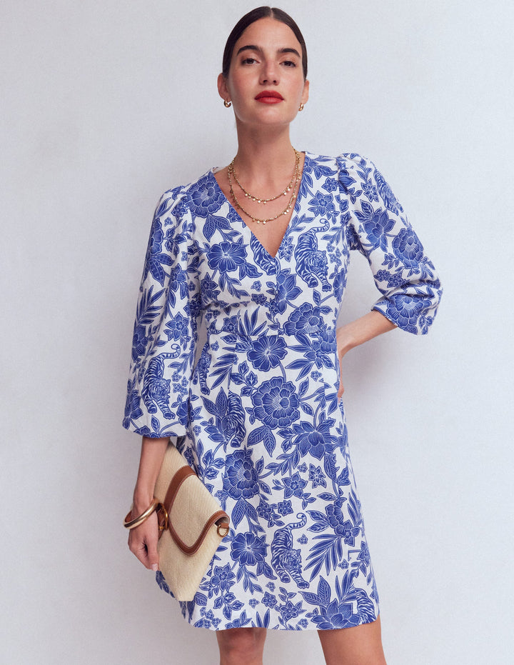 Marla Linen Blend Short Dress-Blue Tigers Paradise