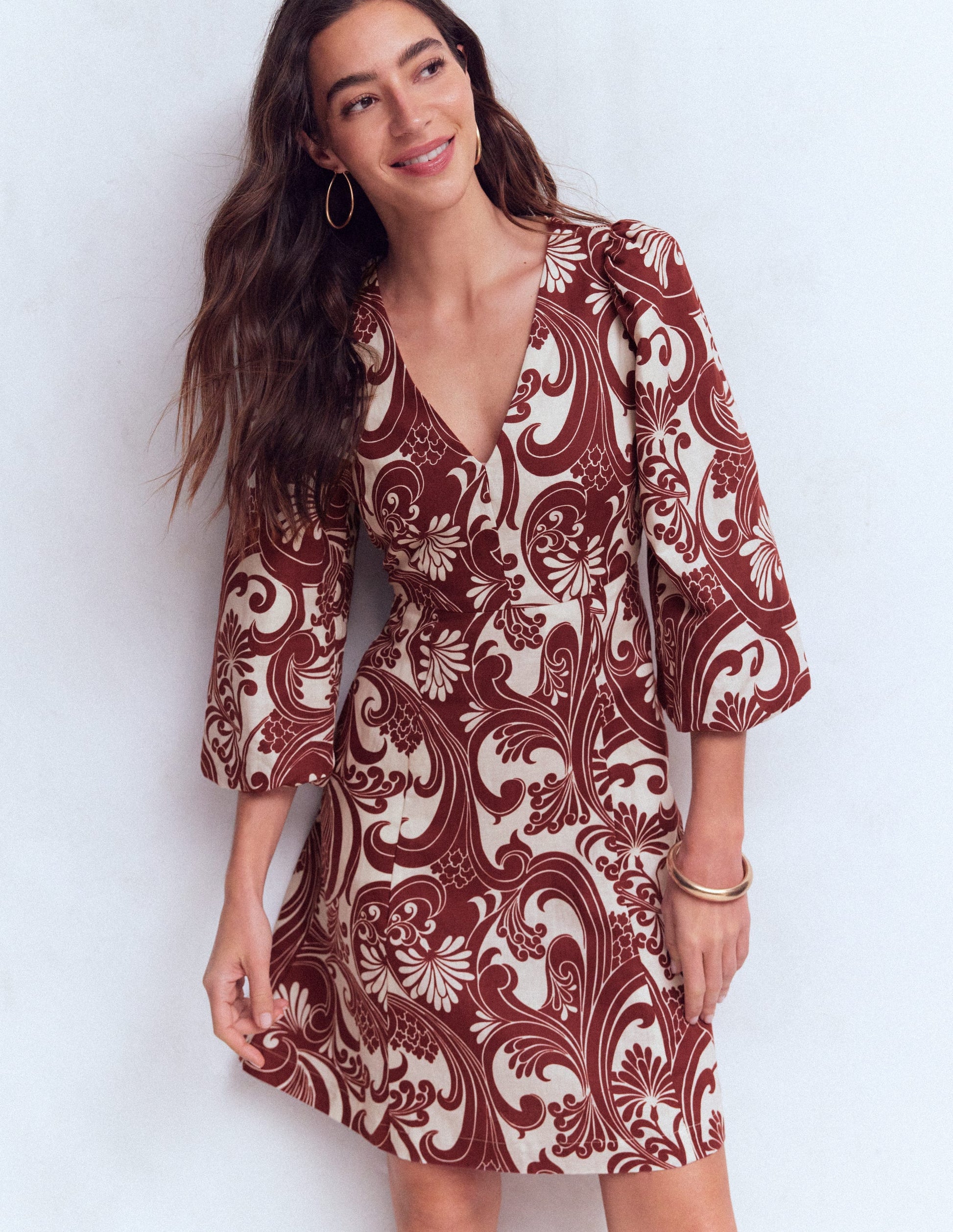 Marla Linen Blend Short Dress-Brown Foliage Whirl-6