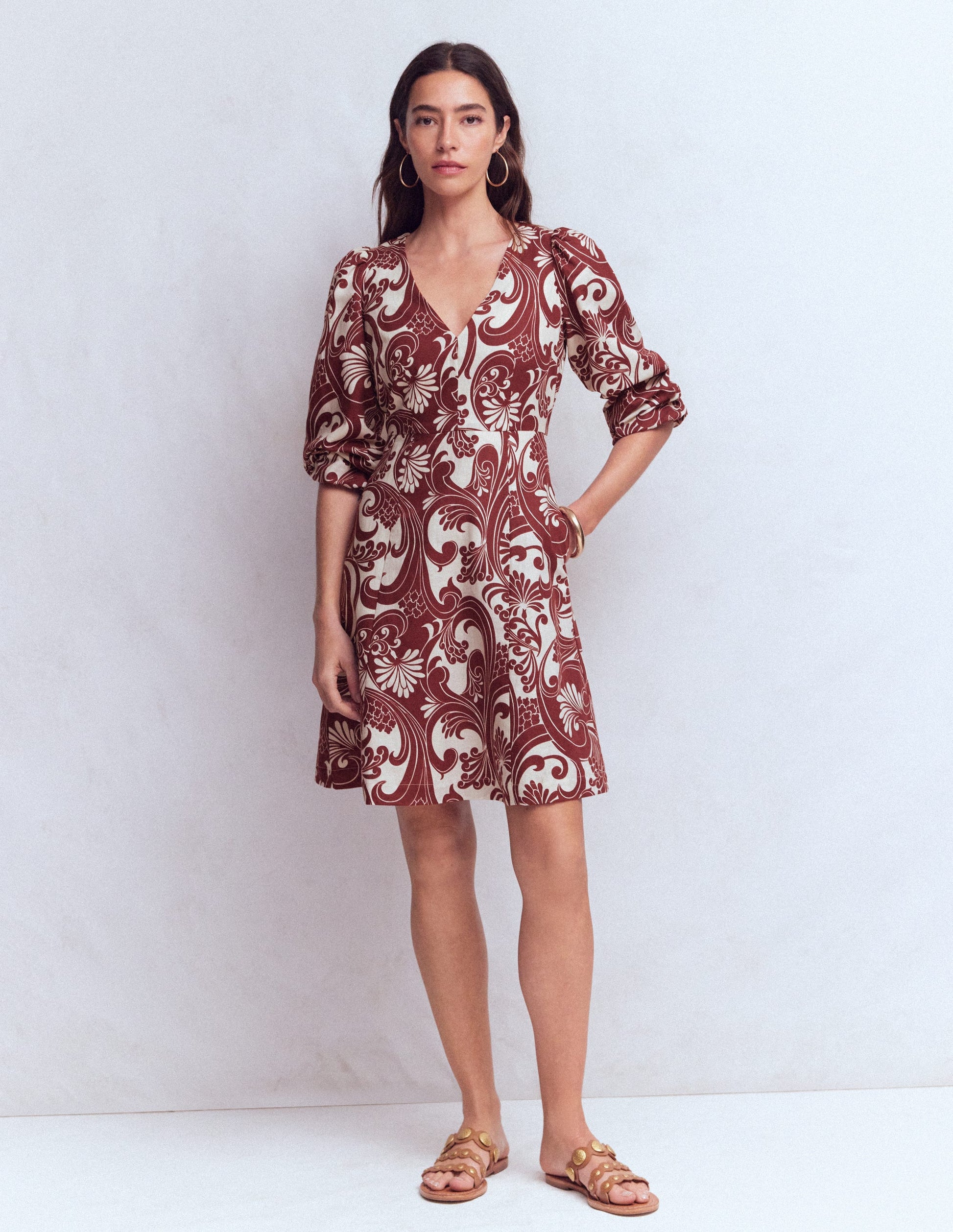 Marla Linen Blend Short Dress-Brown Foliage Whirl-7