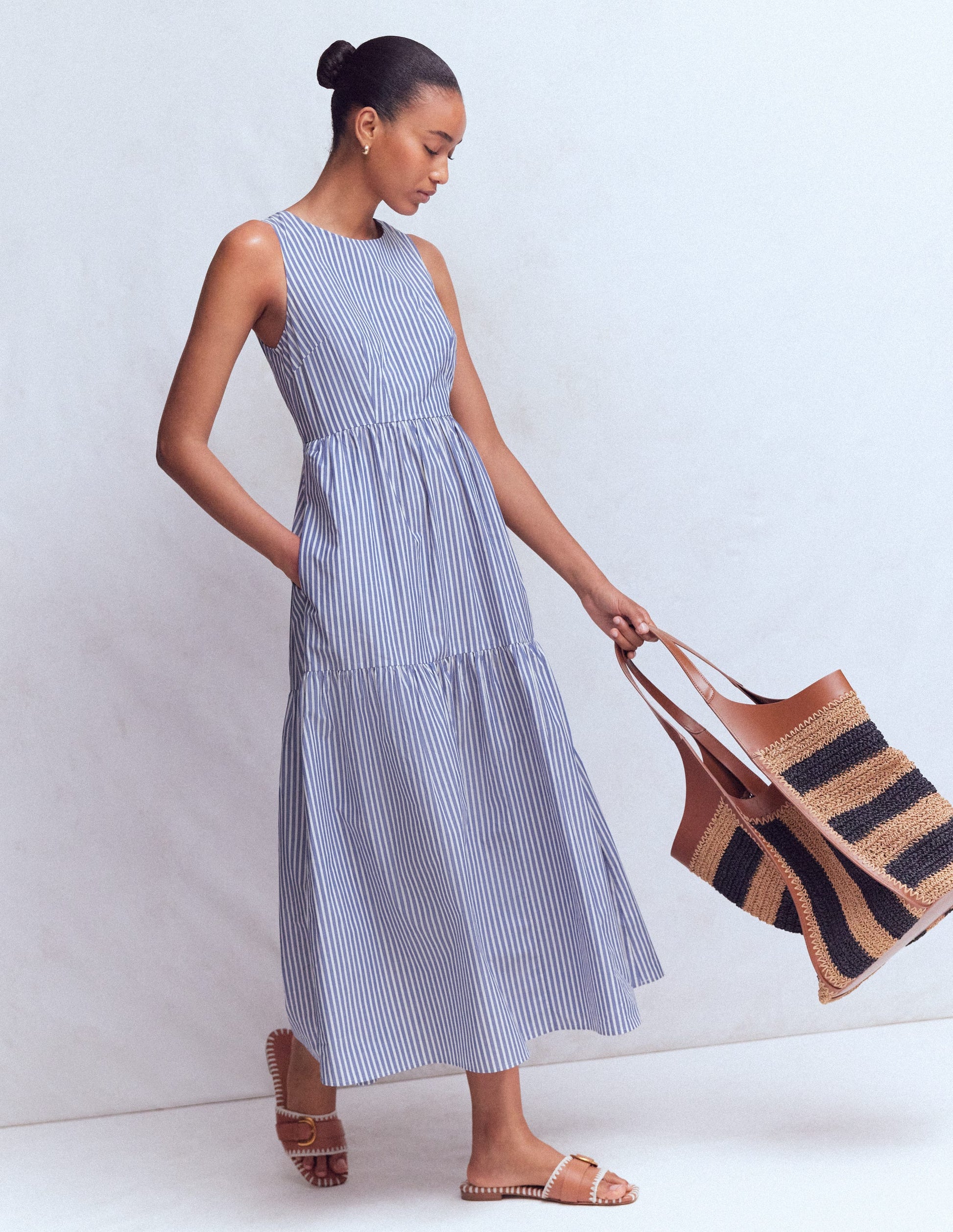 Sleeveless Poplin Dress-Surf the Web Stripe-1