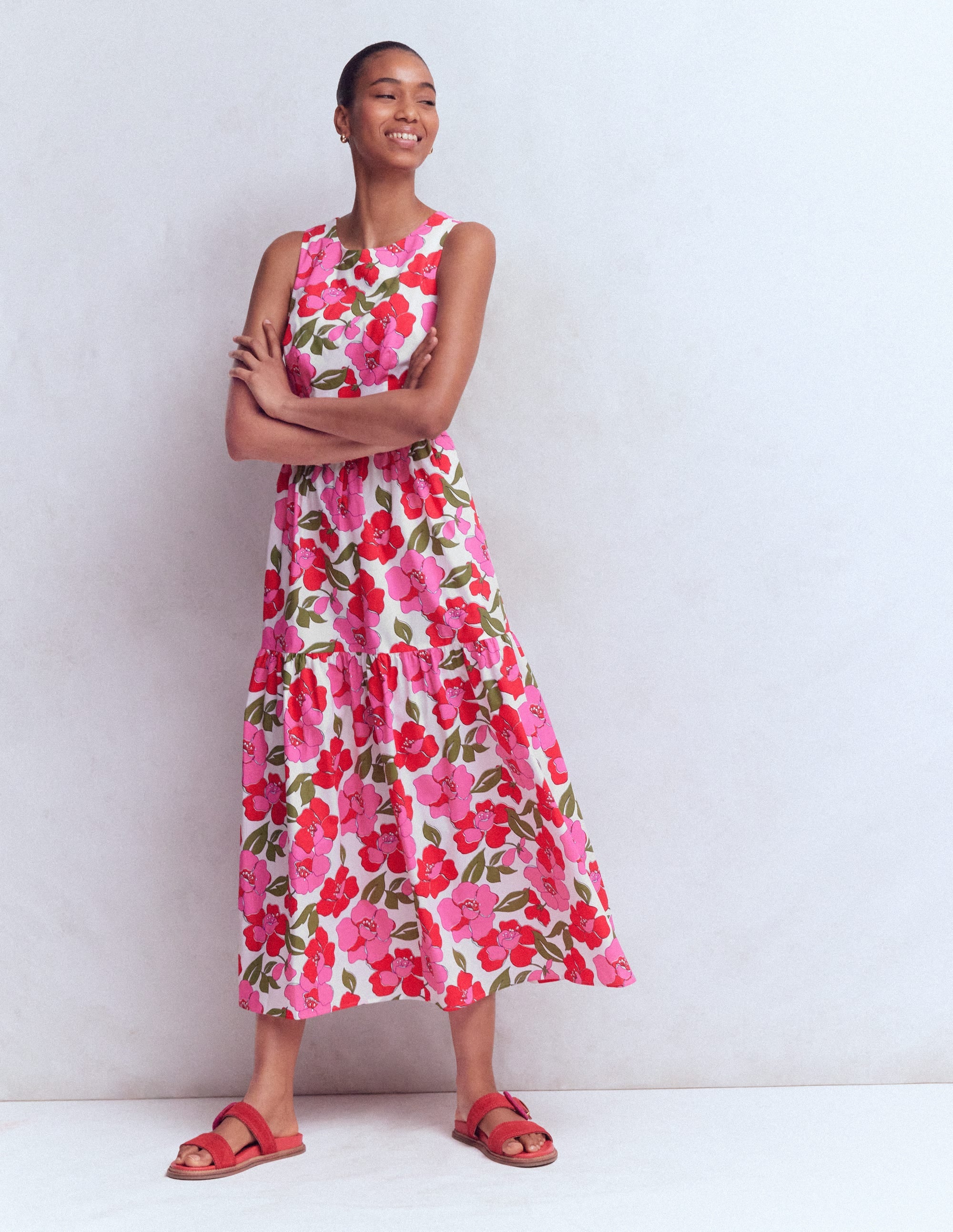 Sleeveless Poplin Dress-Red, Radiant Bloom - Image 3