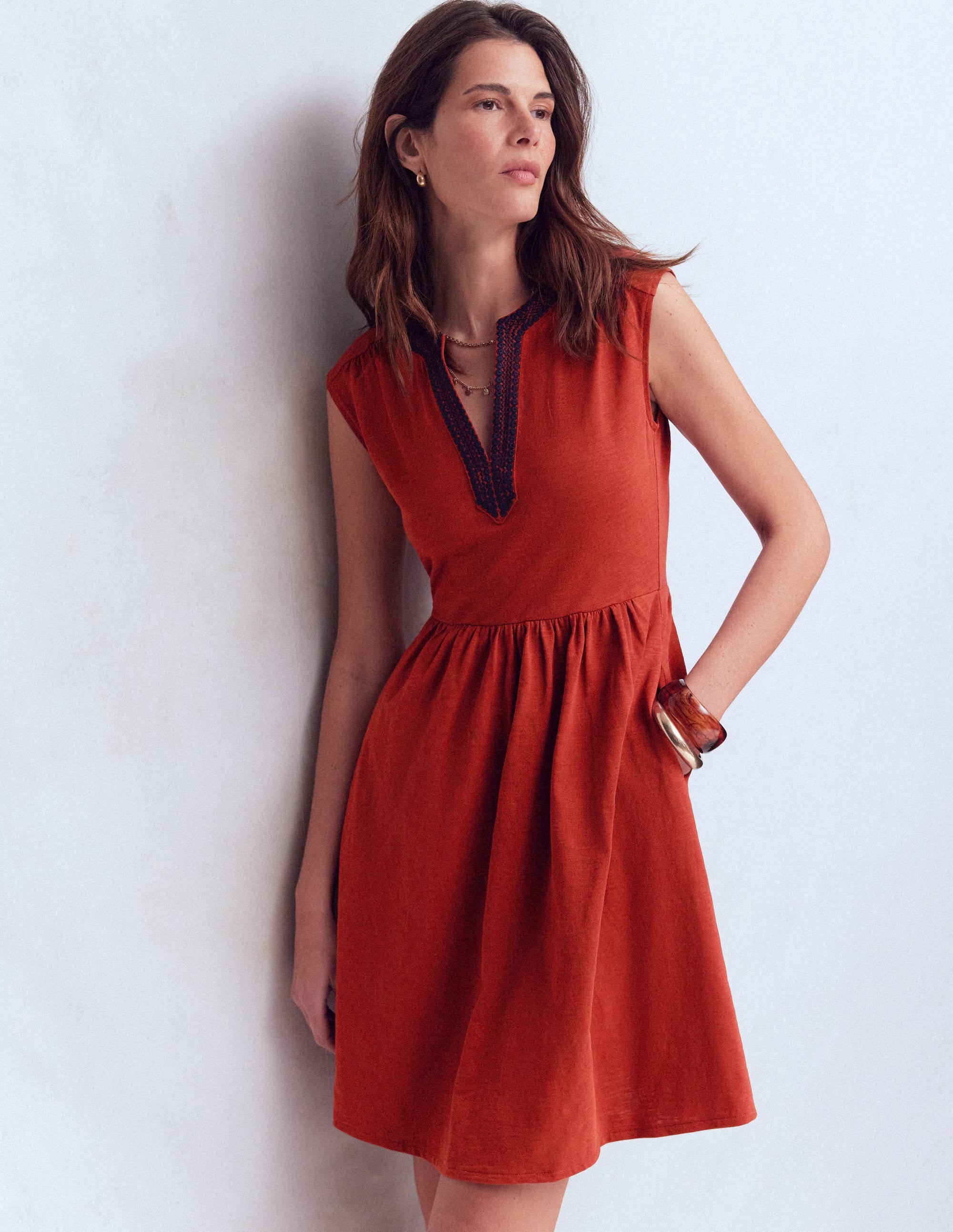 May Embroidered Short Dress-Burnt Orange - Image 1