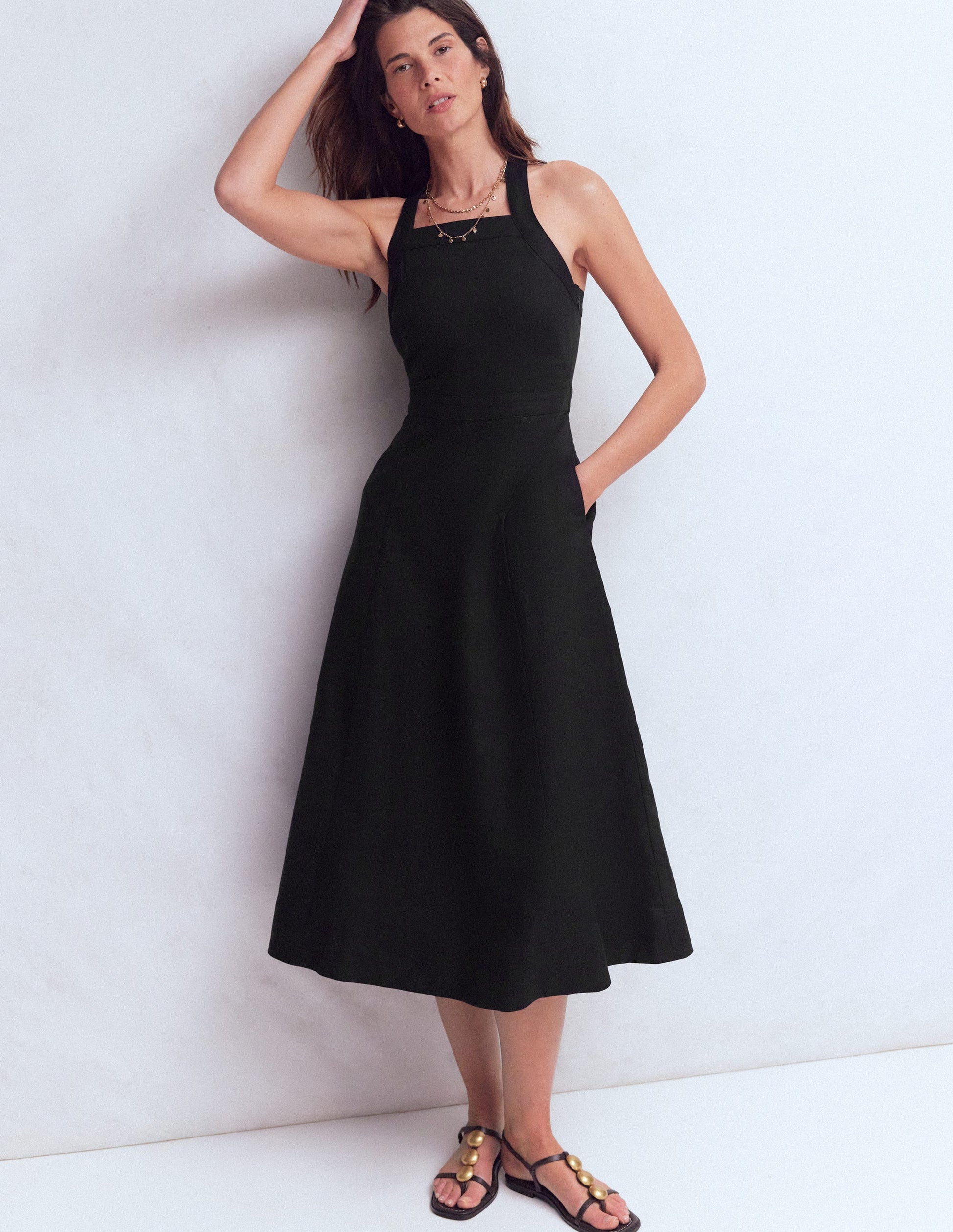 Cross-back Linen Blend Dress-Black-1