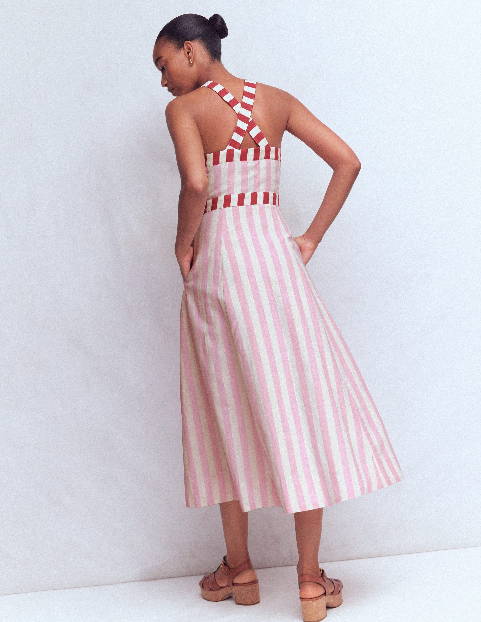 Cross-back Linen Blend Dress-Orchid Pink Stripe-5