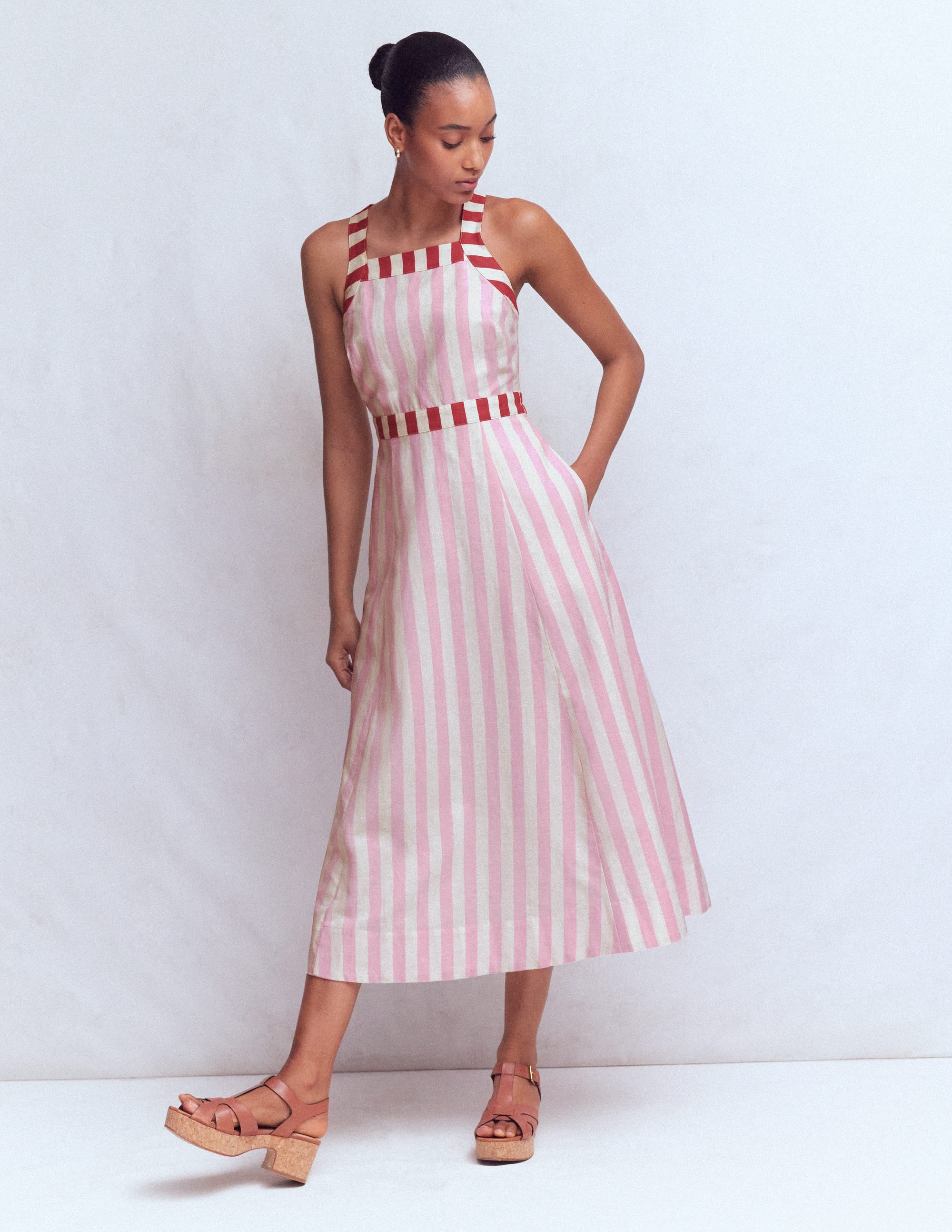 Cross-back Linen Blend Dress-Orchid Pink Stripe - Image 6