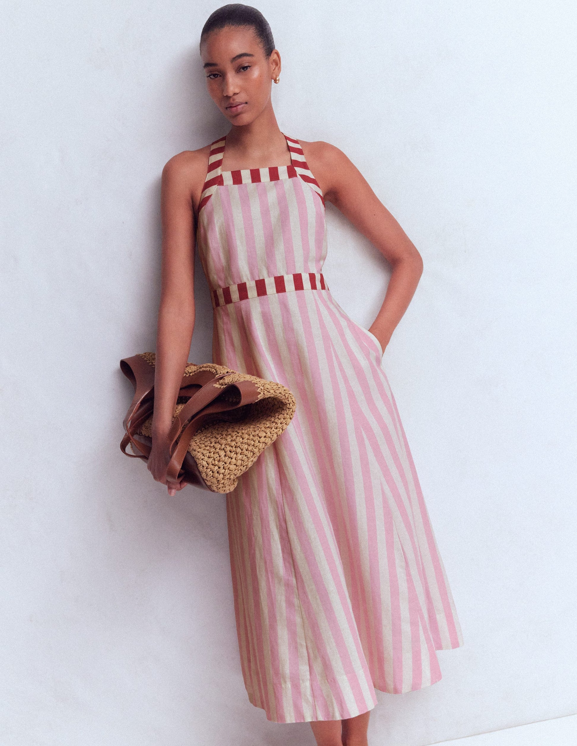 Cross-back Linen Blend Dress-Orchid Pink Stripe-7