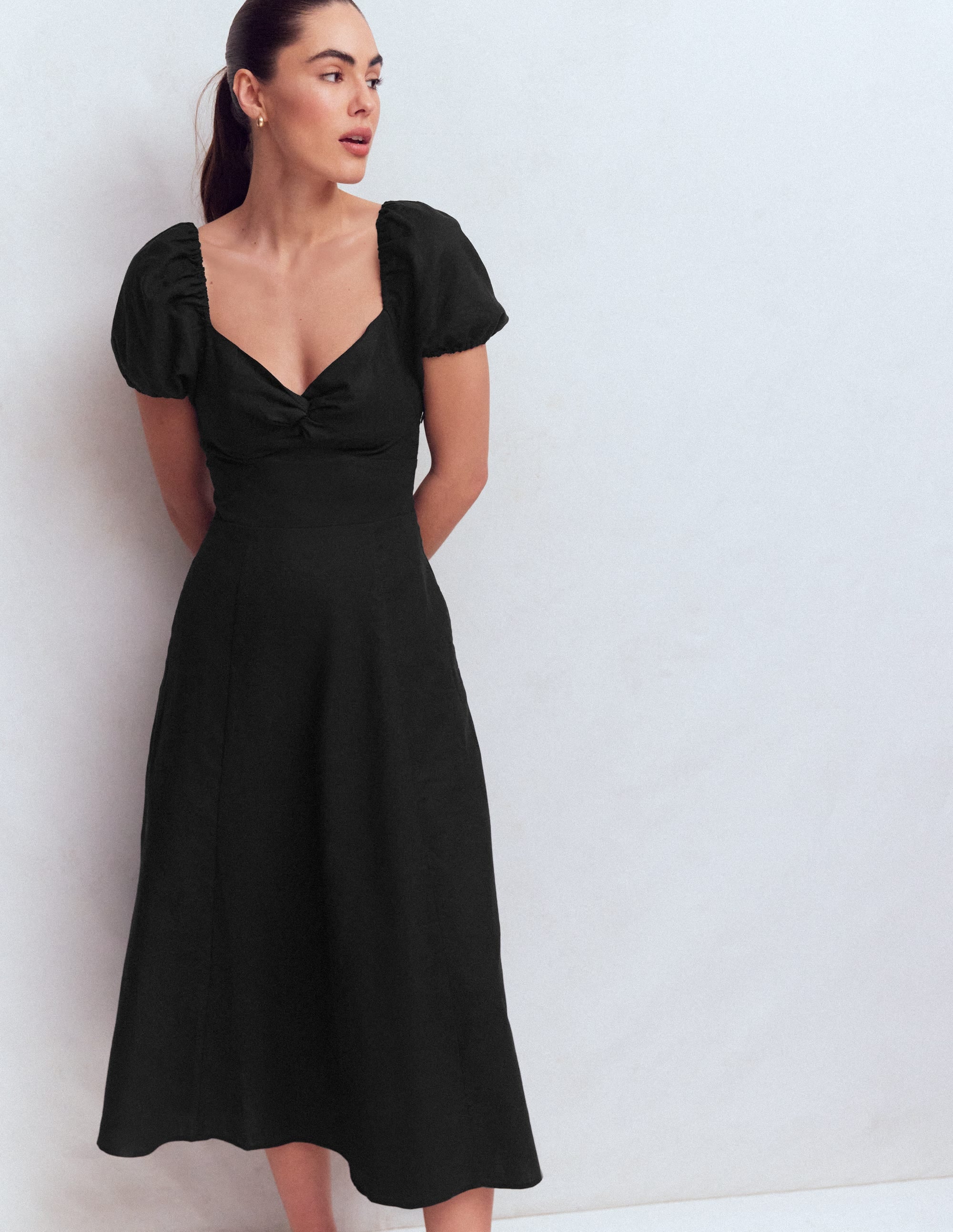 Twist Front Linen Blend Dress-Black - Image 1