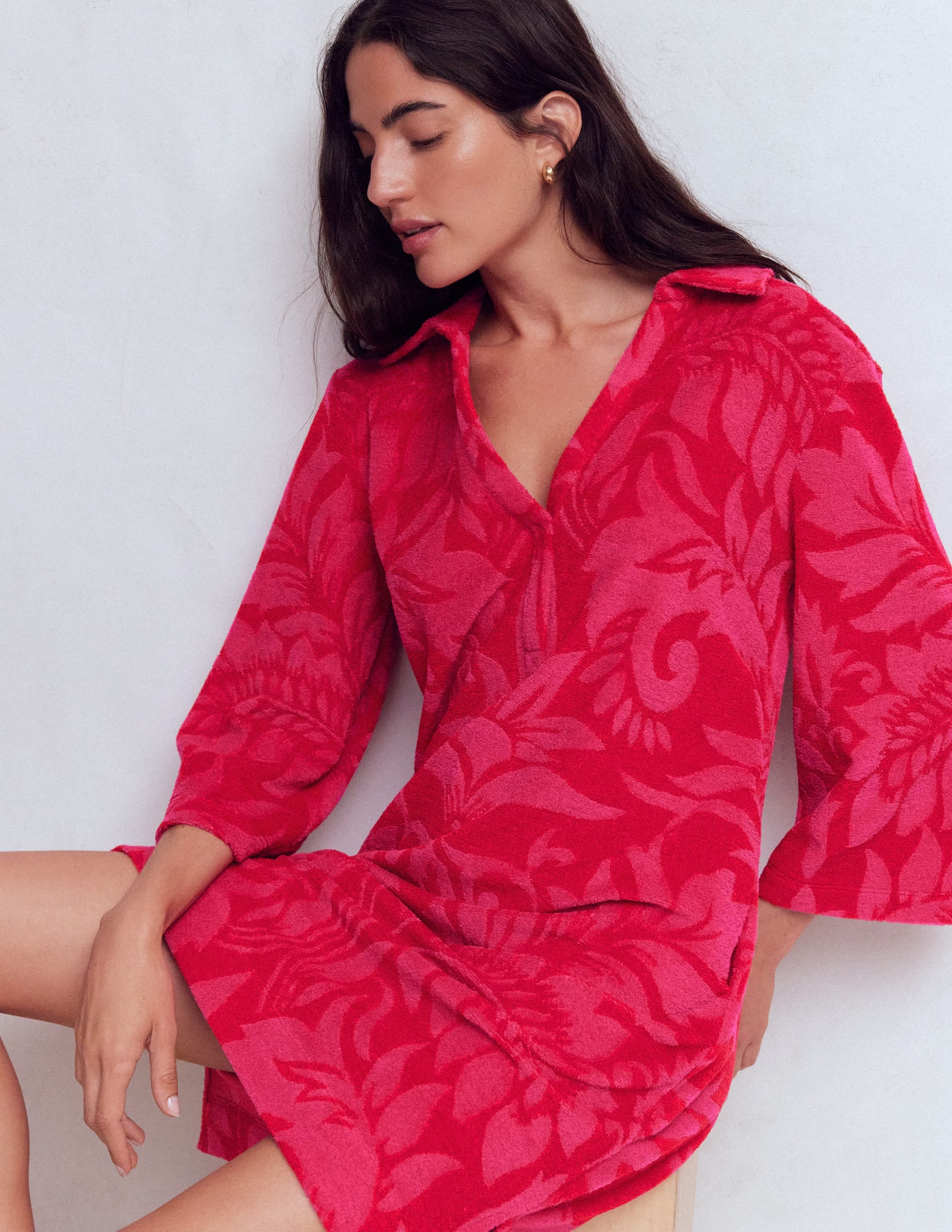 Short Collared Towelling Dress-Merida Red, Ornamental Foliage - Image 1