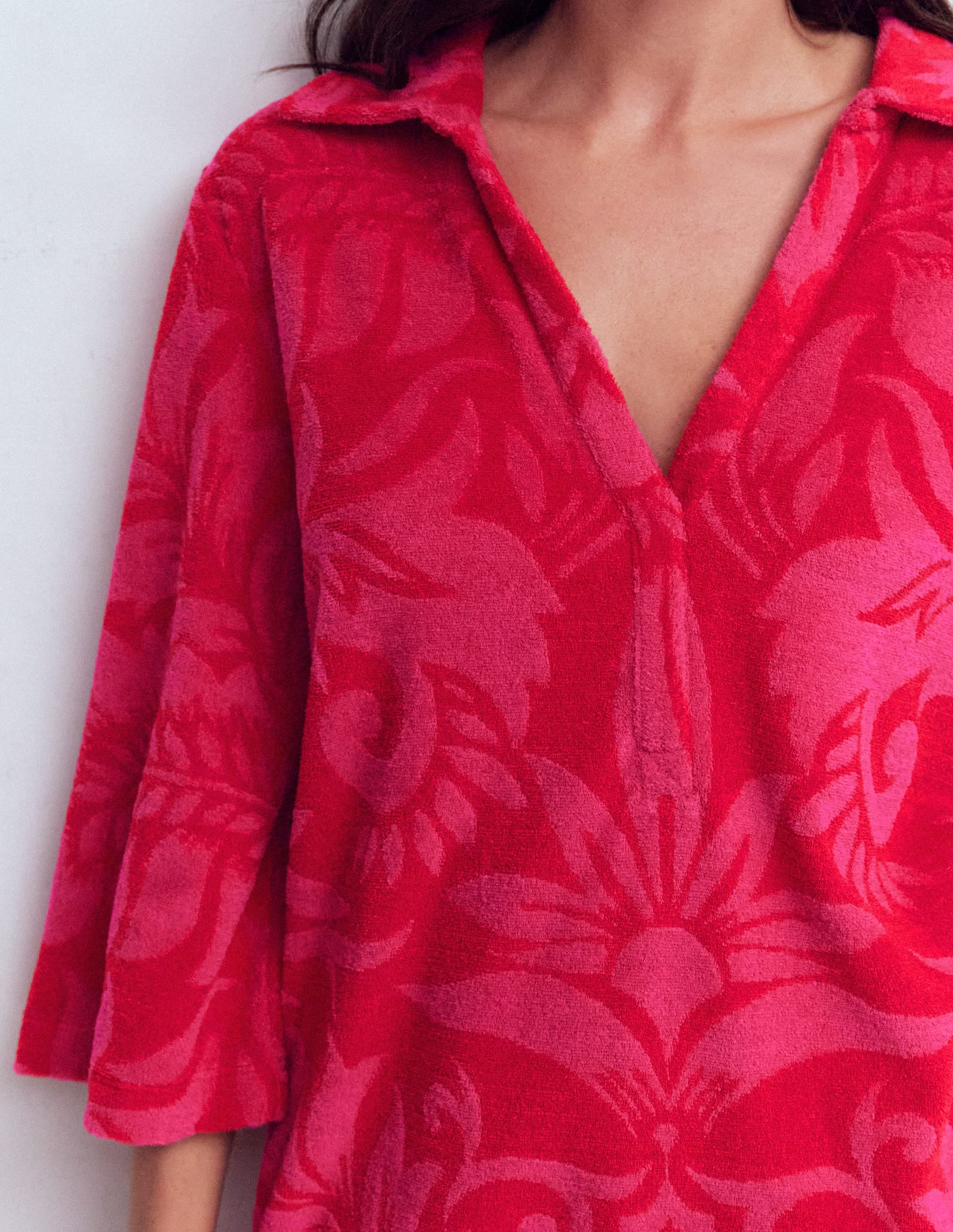 Short Collared Towelling Dress-Merida Red, Ornamental Foliage - Image 2