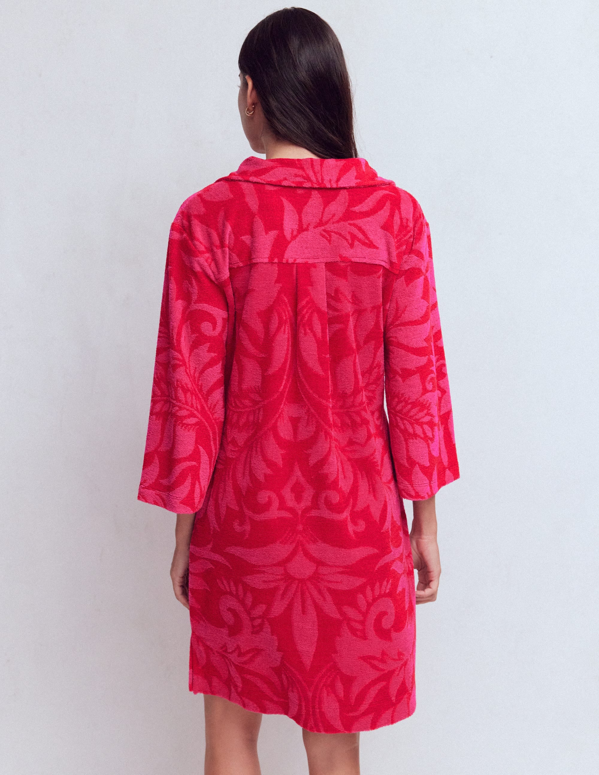 Short Collared Towelling Dress-Merida Red, Ornamental Foliage - Image 3
