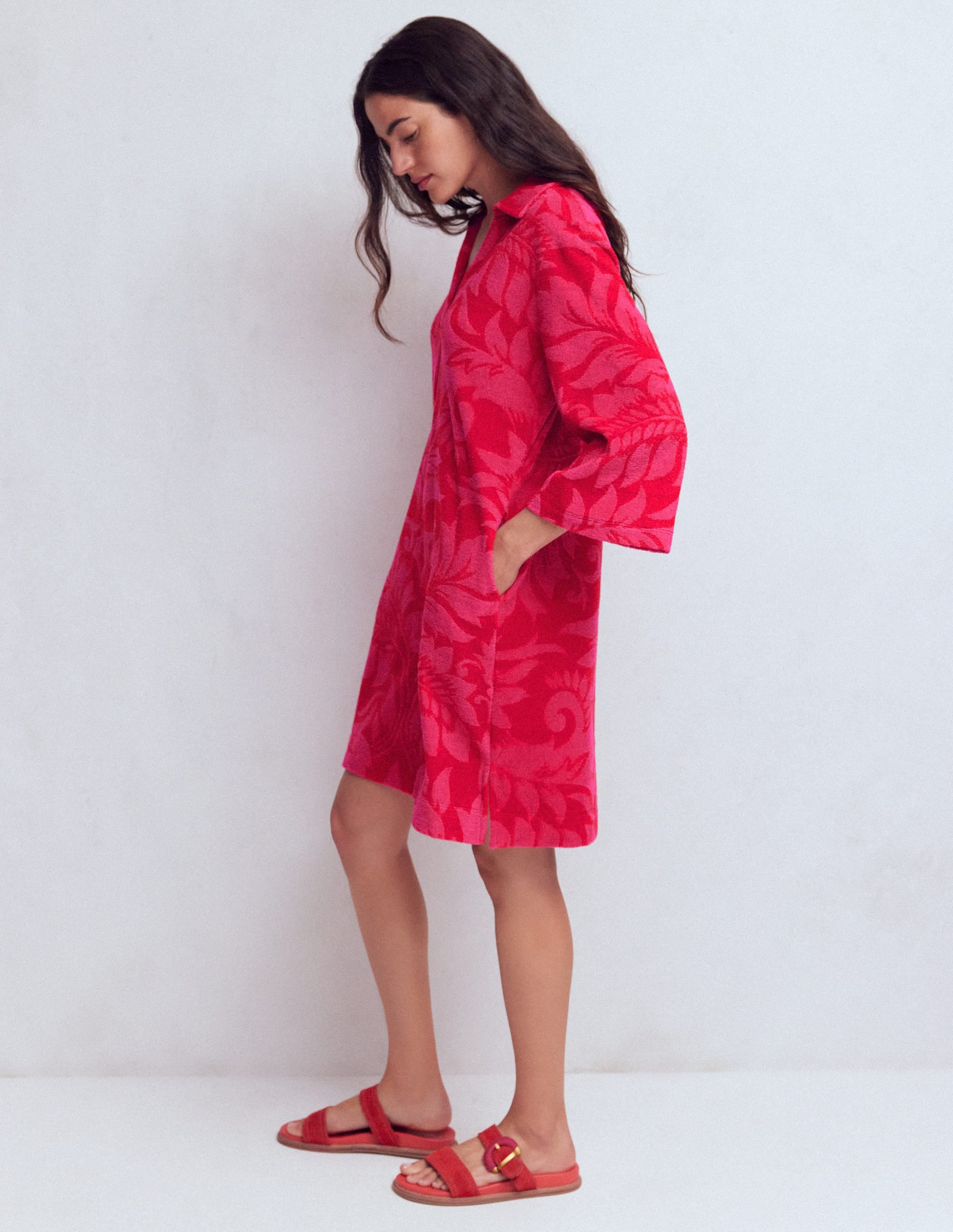 Short Collared Towelling Dress-Merida Red, Ornamental Foliage - Image 4