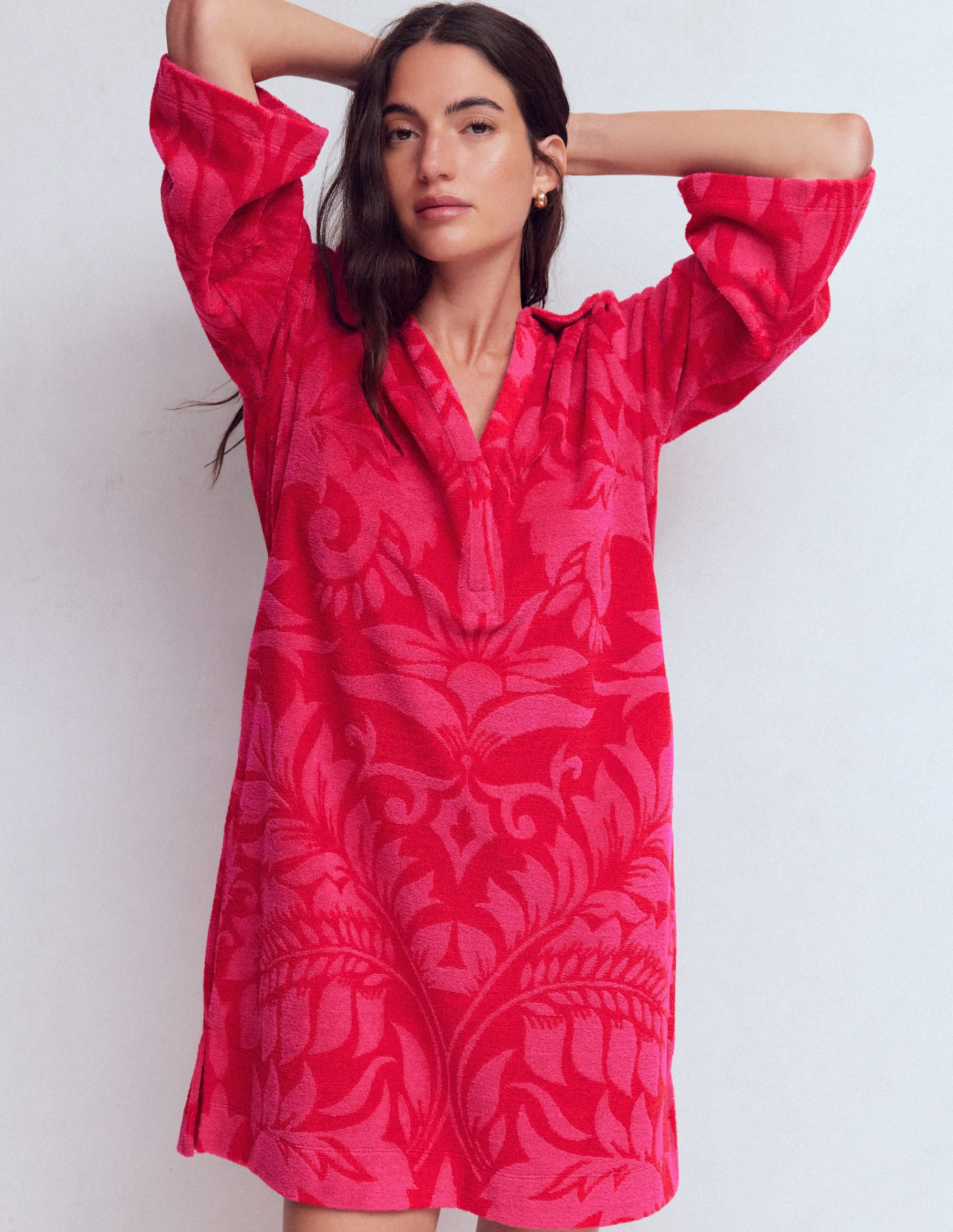 Short Collared Towelling Dress-Merida Red, Ornamental Foliage - Image 5