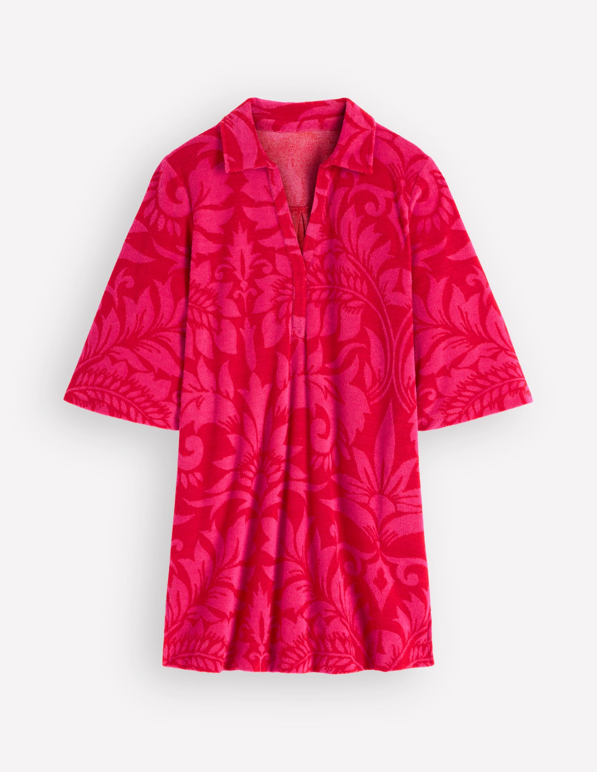 Short Collared Towelling Dress-Merida Red, Ornamental Foliage - Image 7