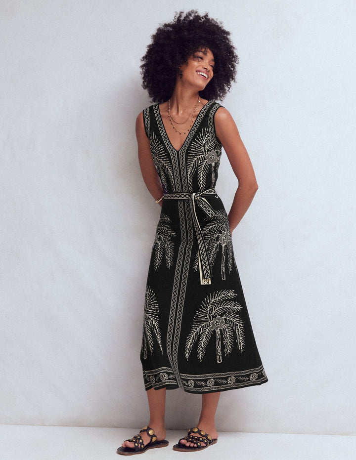 V Neck Jacquard Dress-Palm Jacquard