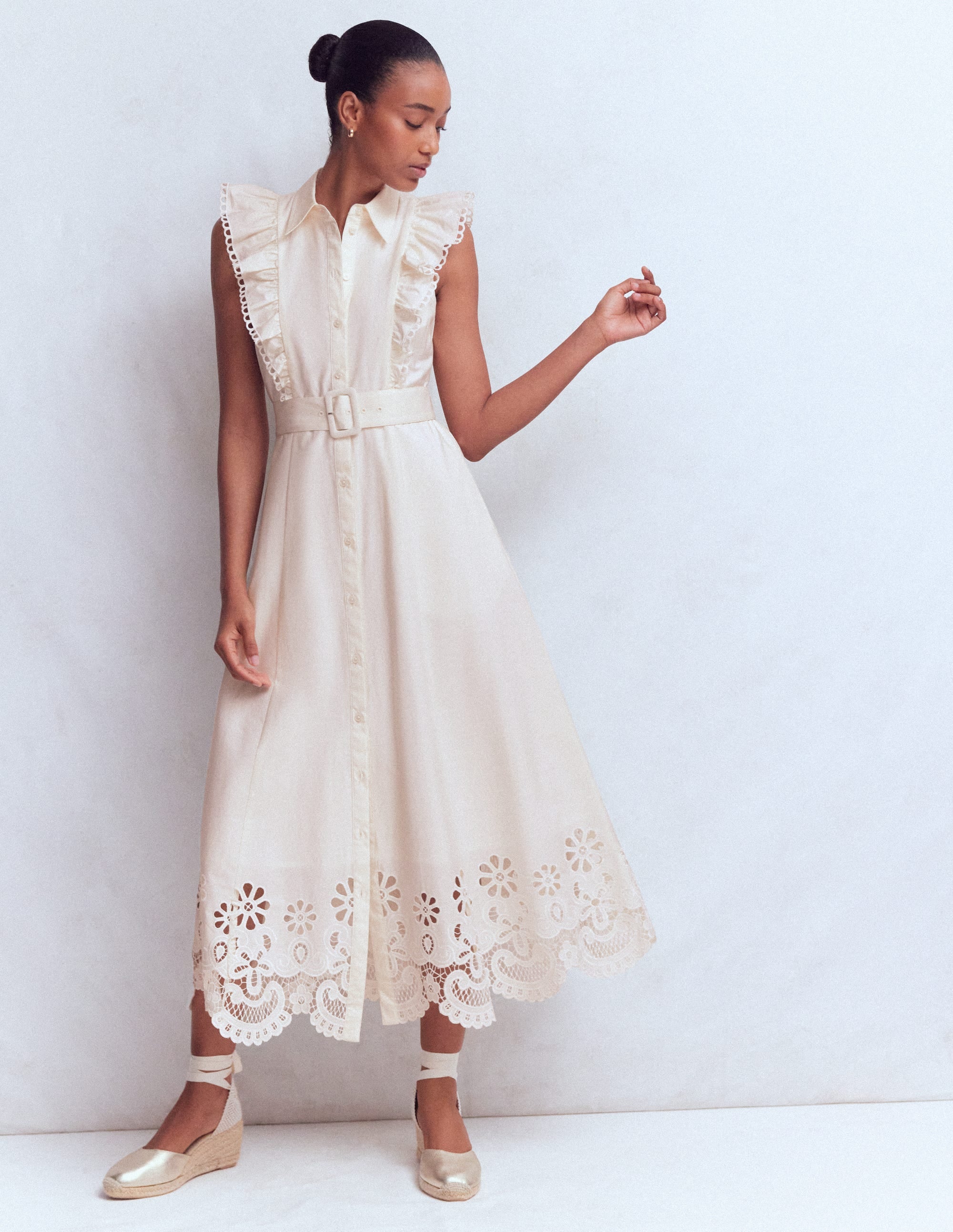 Ruffle Bodice Shirt Dress-White Broderie Trim - Image 2