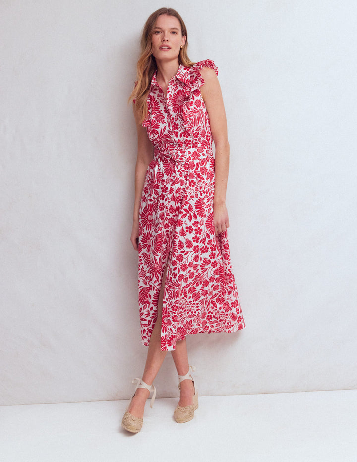 Ruffle Bodice Shirt Dress-Merida Red, Flowerbed Bloom