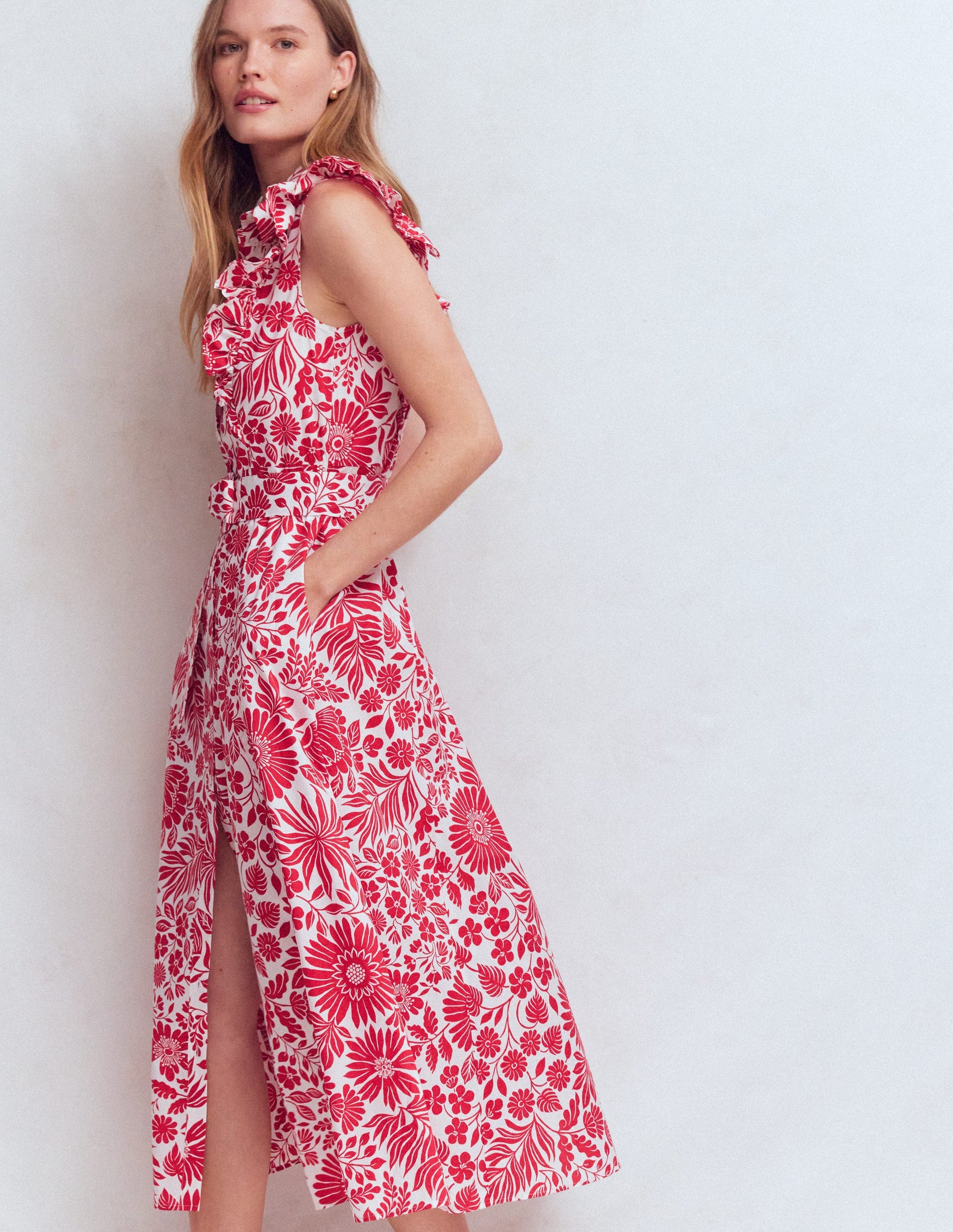 Ruffle Bodice Shirt Dress-Merida Red, Flowerbed Bloom-4