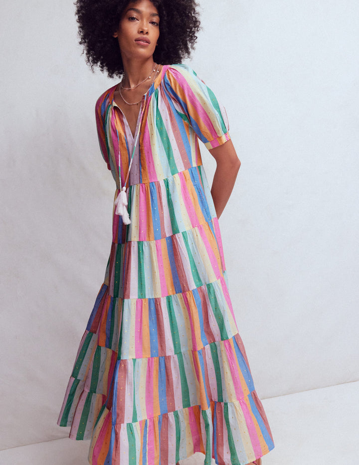 Multi Tiered Maxi Dress-Multi Clipped Stripe