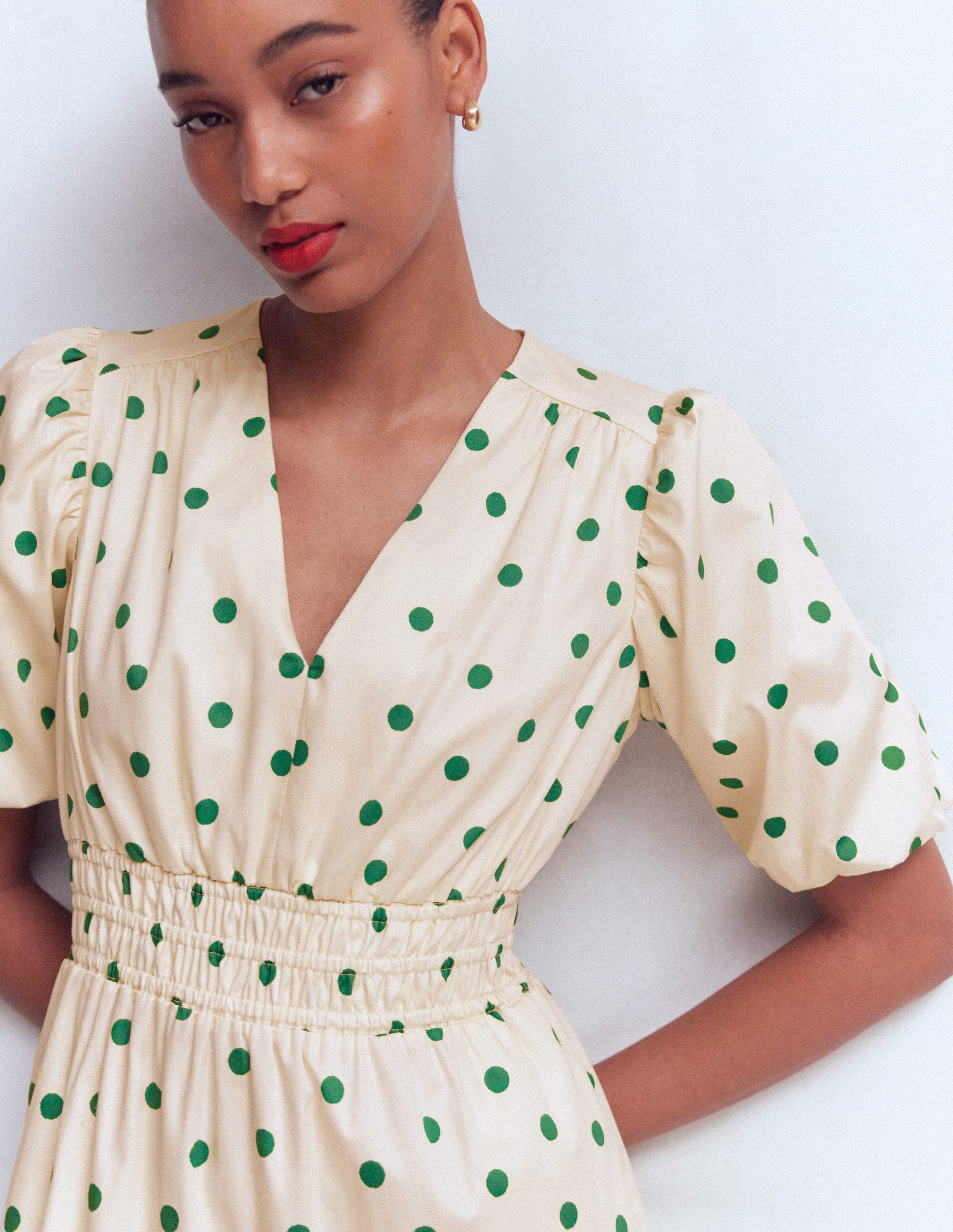 Irene Puff Sleeve Cotton Dress-Papyrus, Painted Dot Spaced-3