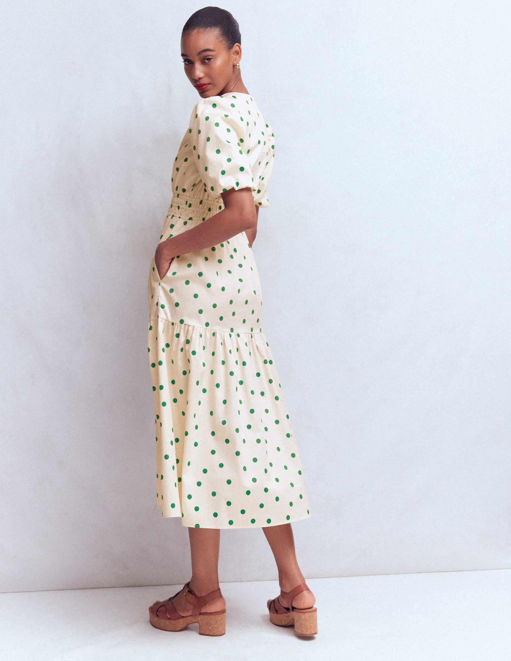 Irene Puff Sleeve Cotton Dress-Papyrus, Painted Dot Spaced-4