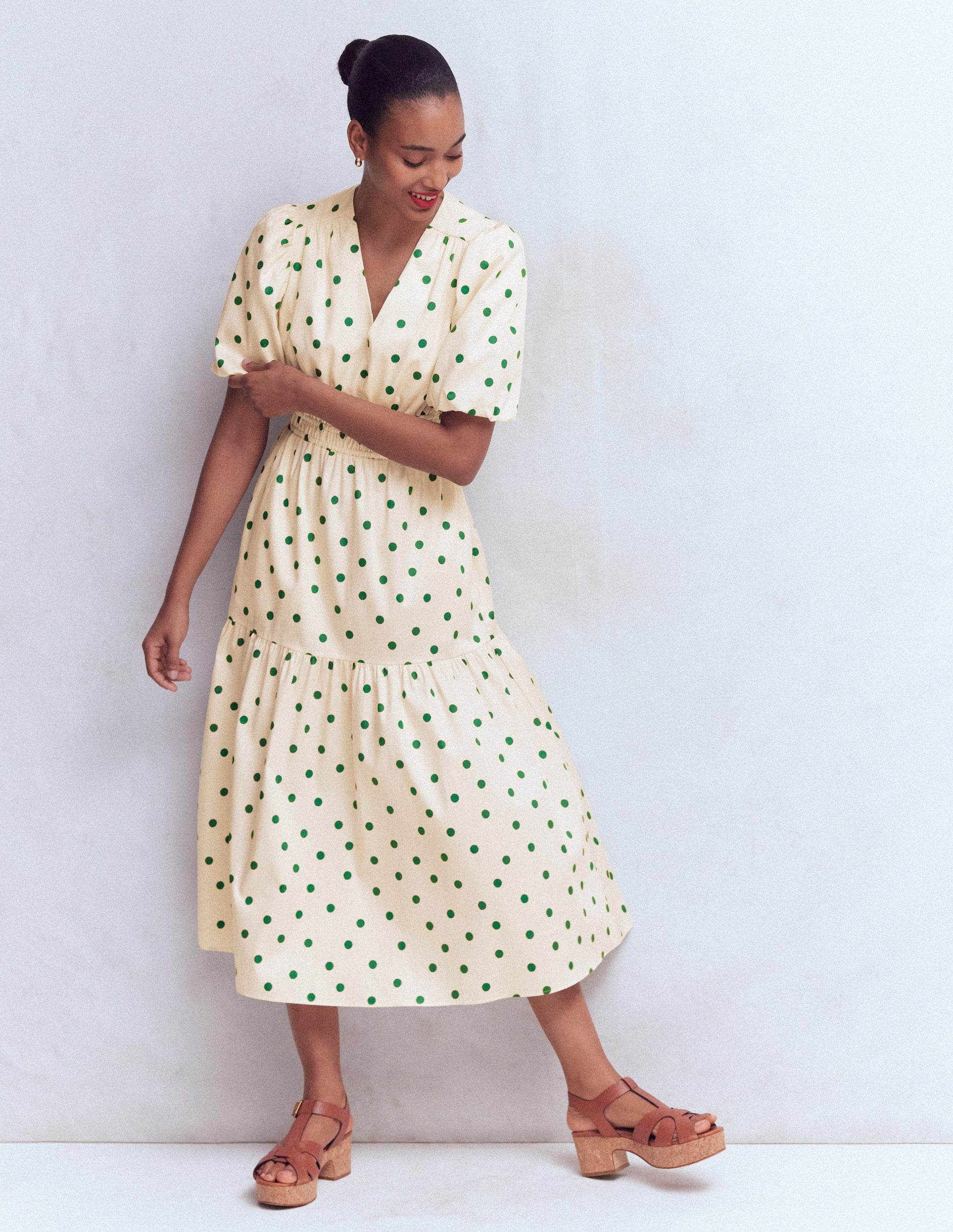 Irene Puff Sleeve Cotton Dress-Papyrus, Painted Dot Spaced-5