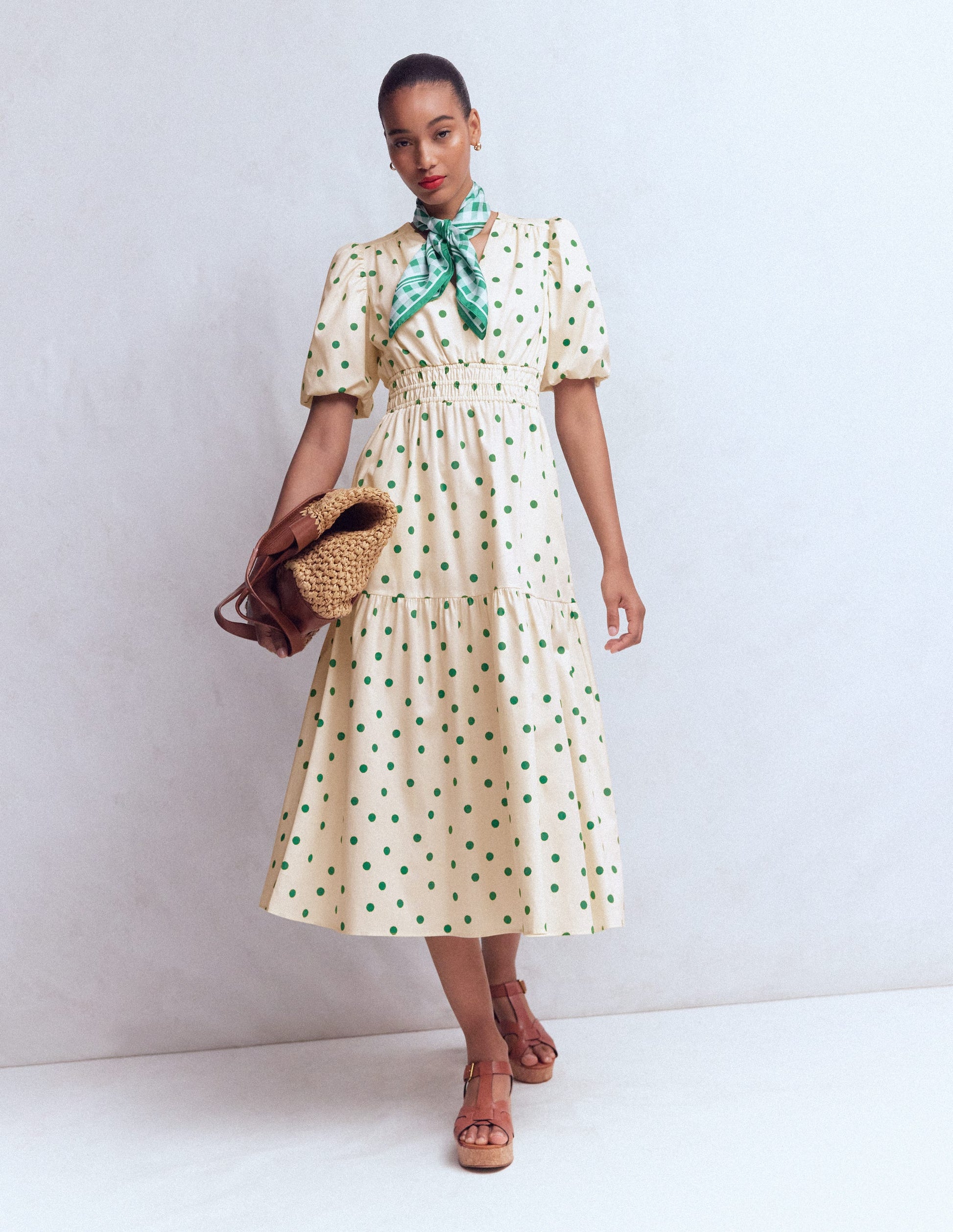 Irene Puff Sleeve Cotton Dress-Papyrus, Painted Dot Spaced-6