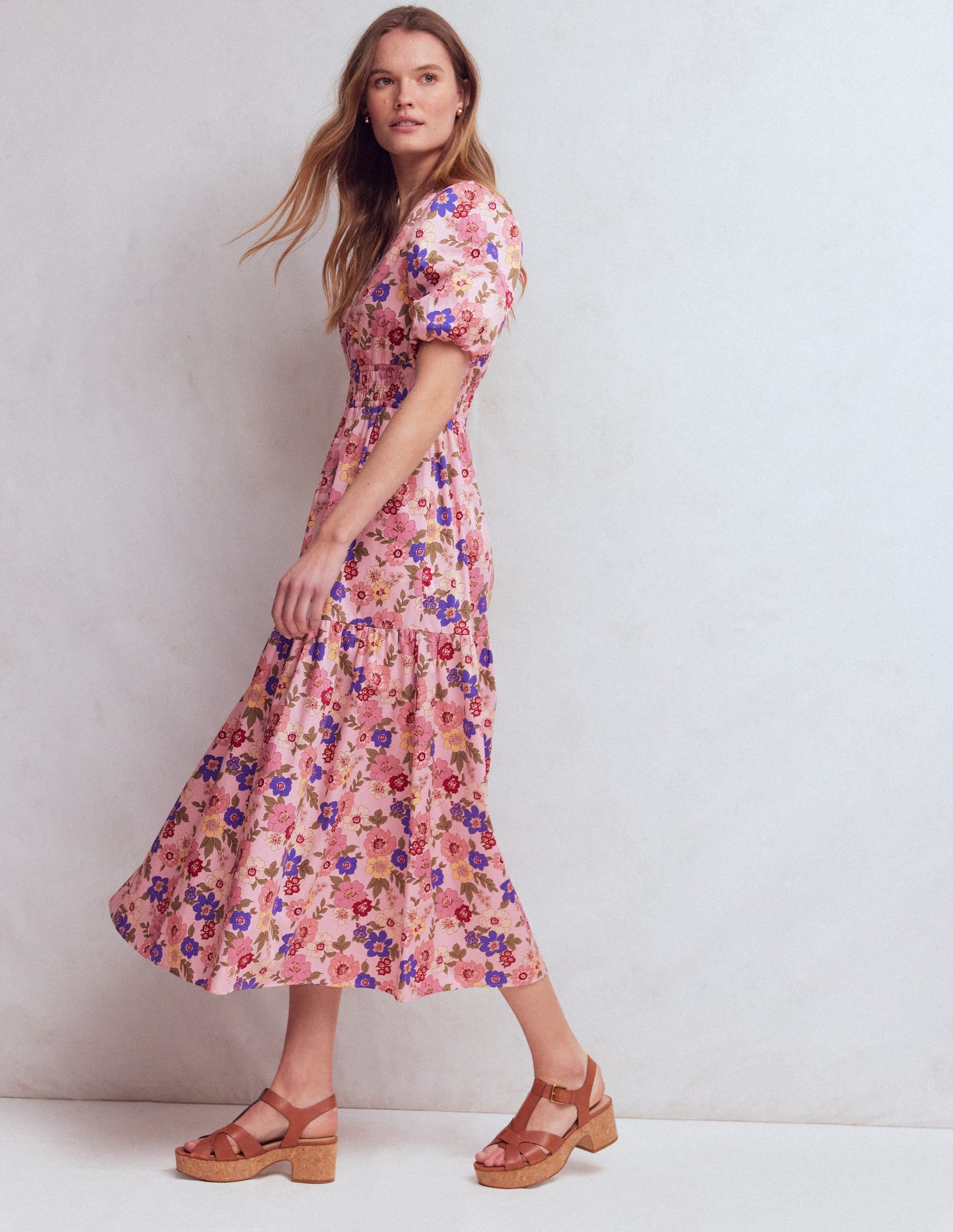 Irene Puff Sleeve Cotton Dress-Pink, Blossomy Garden - Image 1