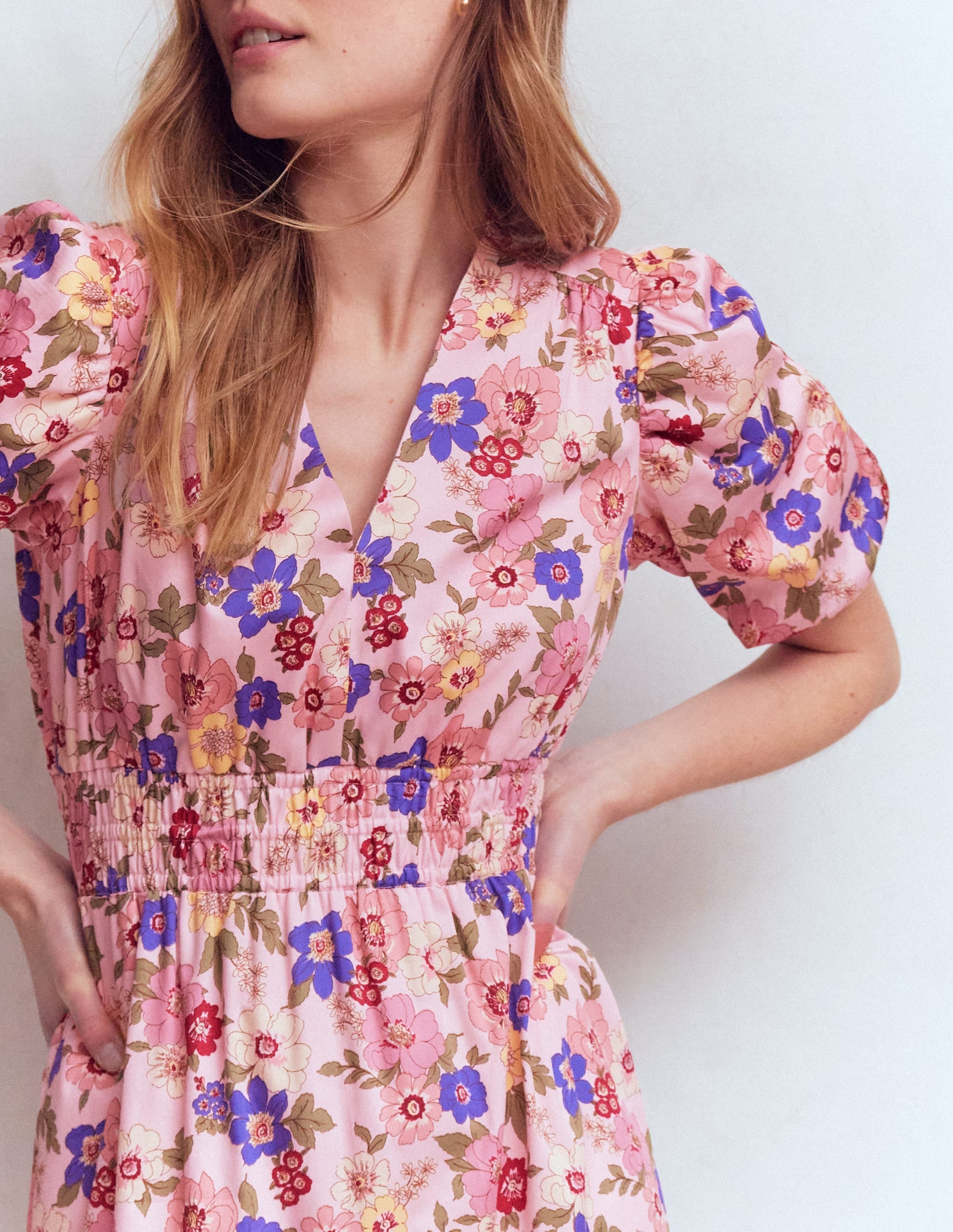 Irene Puff Sleeve Cotton Dress-Pink, Blossomy Garden - Image 2
