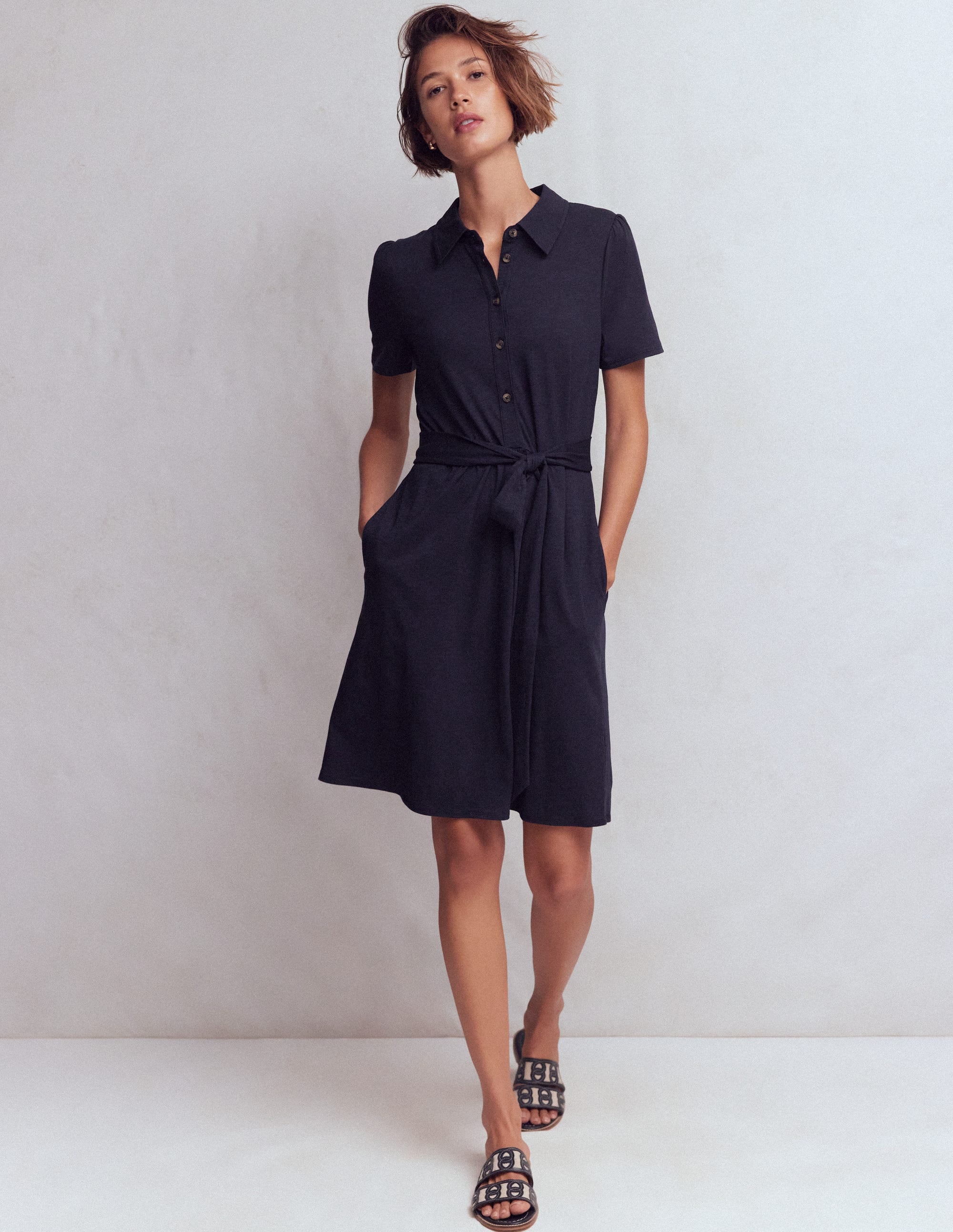 Patti Short Jersey Shirt Dress-Navy - Image 4