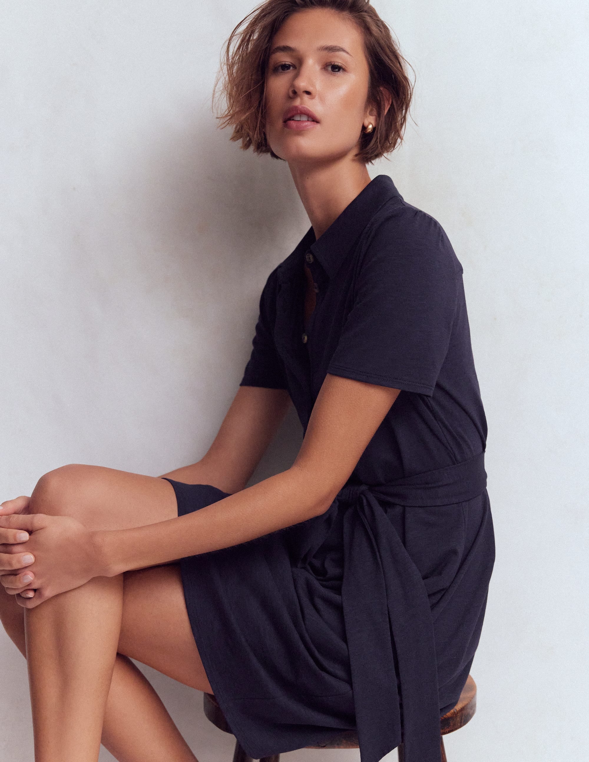 Patti Short Jersey Shirt Dress-Navy - Image 5