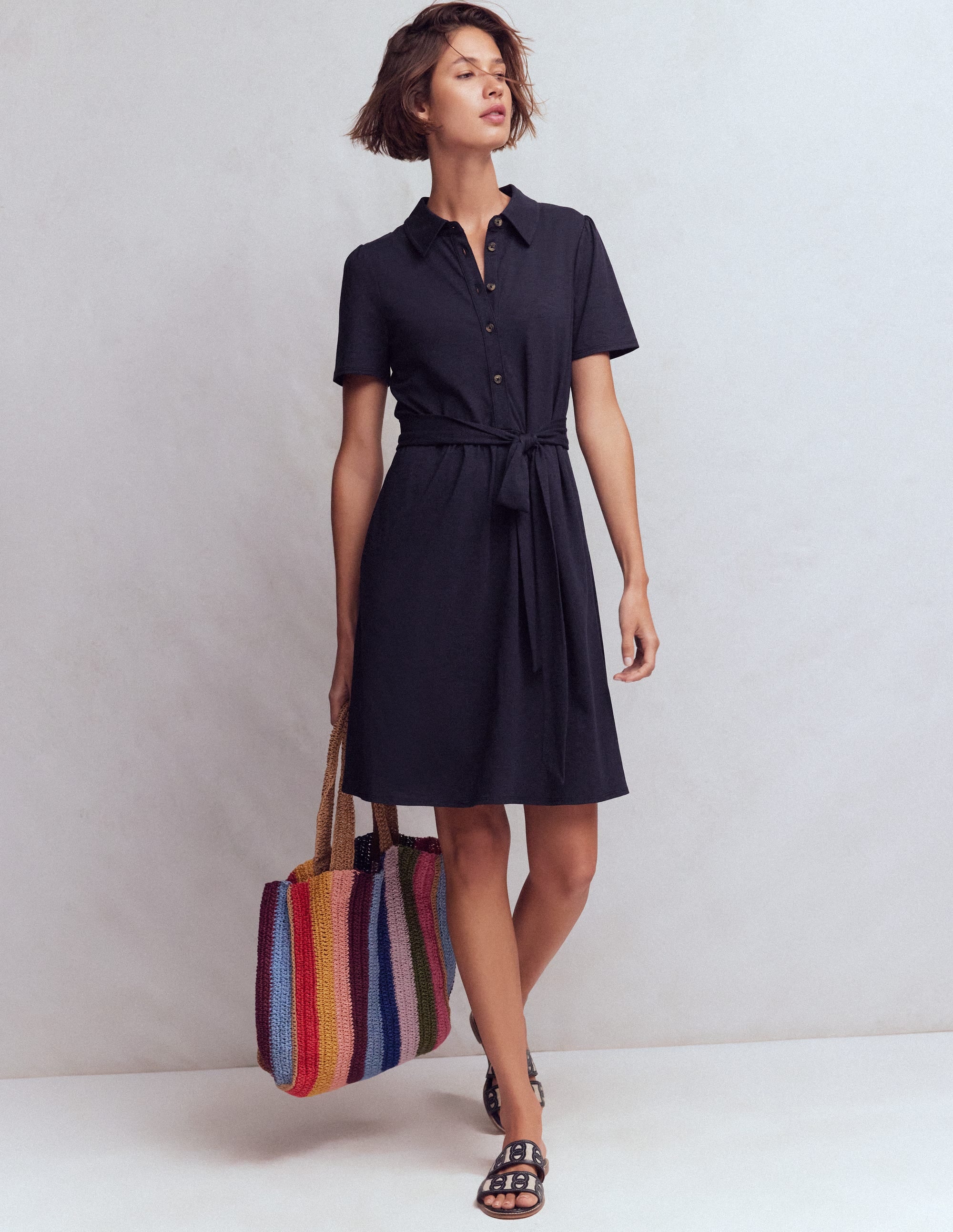 Patti Short Jersey Shirt Dress-Navy - Image 6