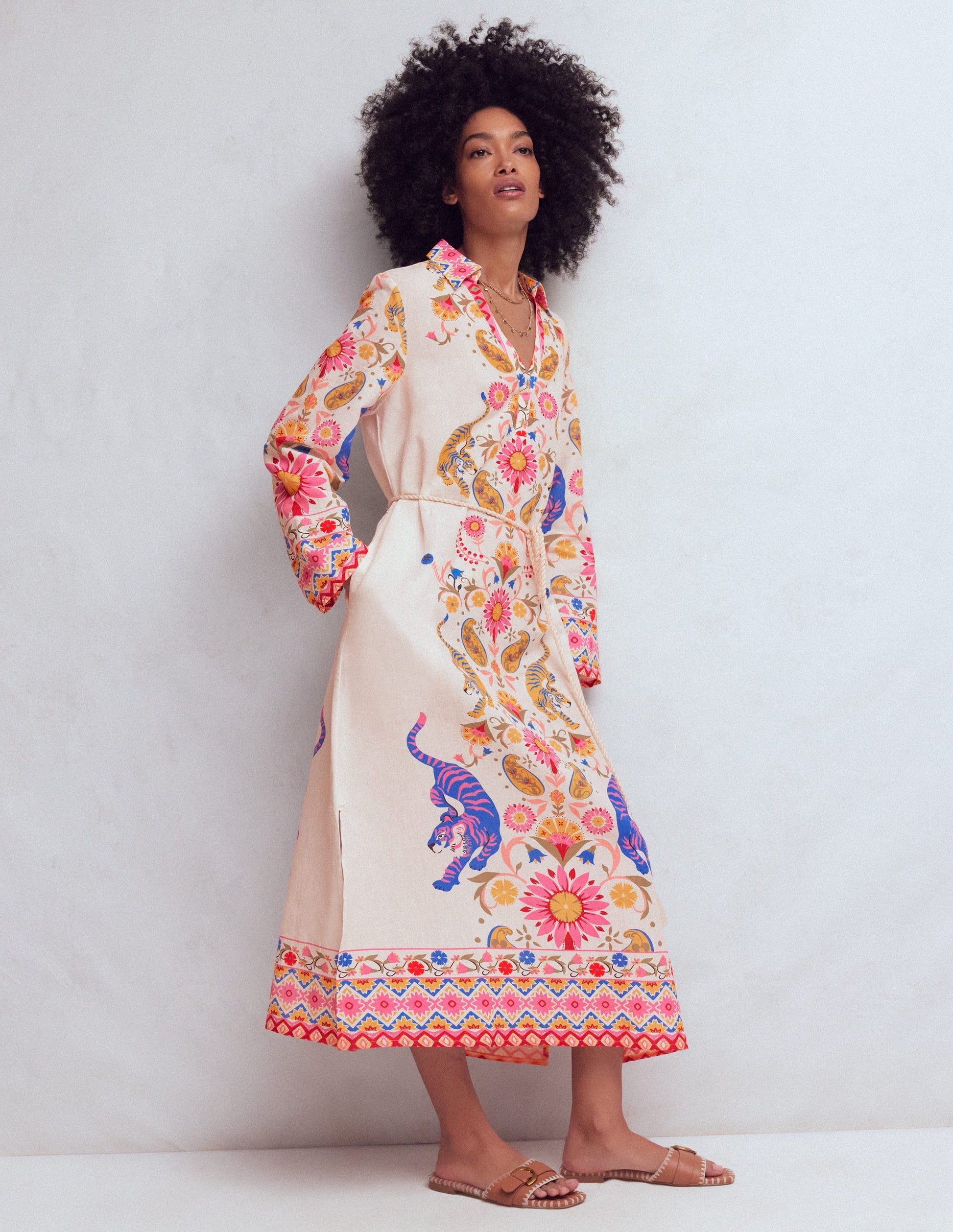 Notch Collar Linen Blend Tunic-Multi Tiger Tapestry-1