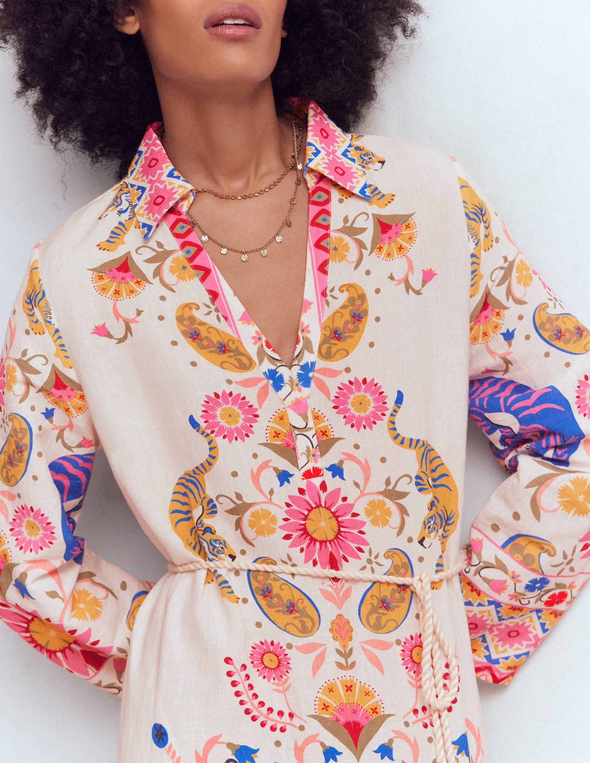 Notch Collar Linen Blend Tunic-Multi Tiger Tapestry-2