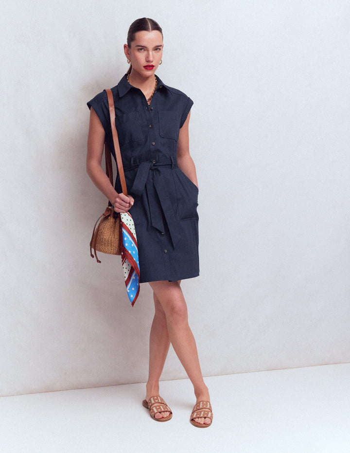 Short Belted Shirt Dress-Navy