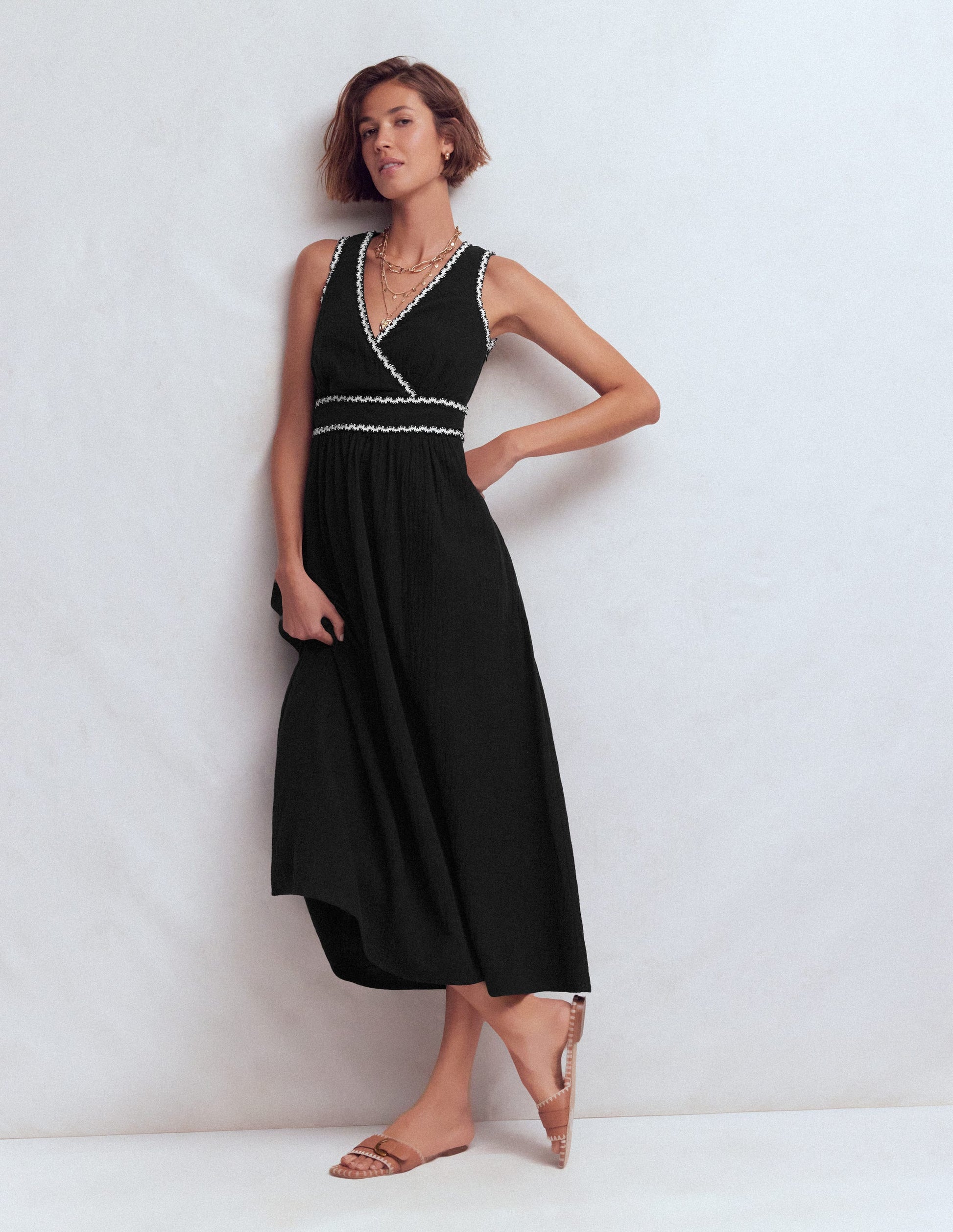 Lorna Trim Double Cloth Dress-Black Ivory