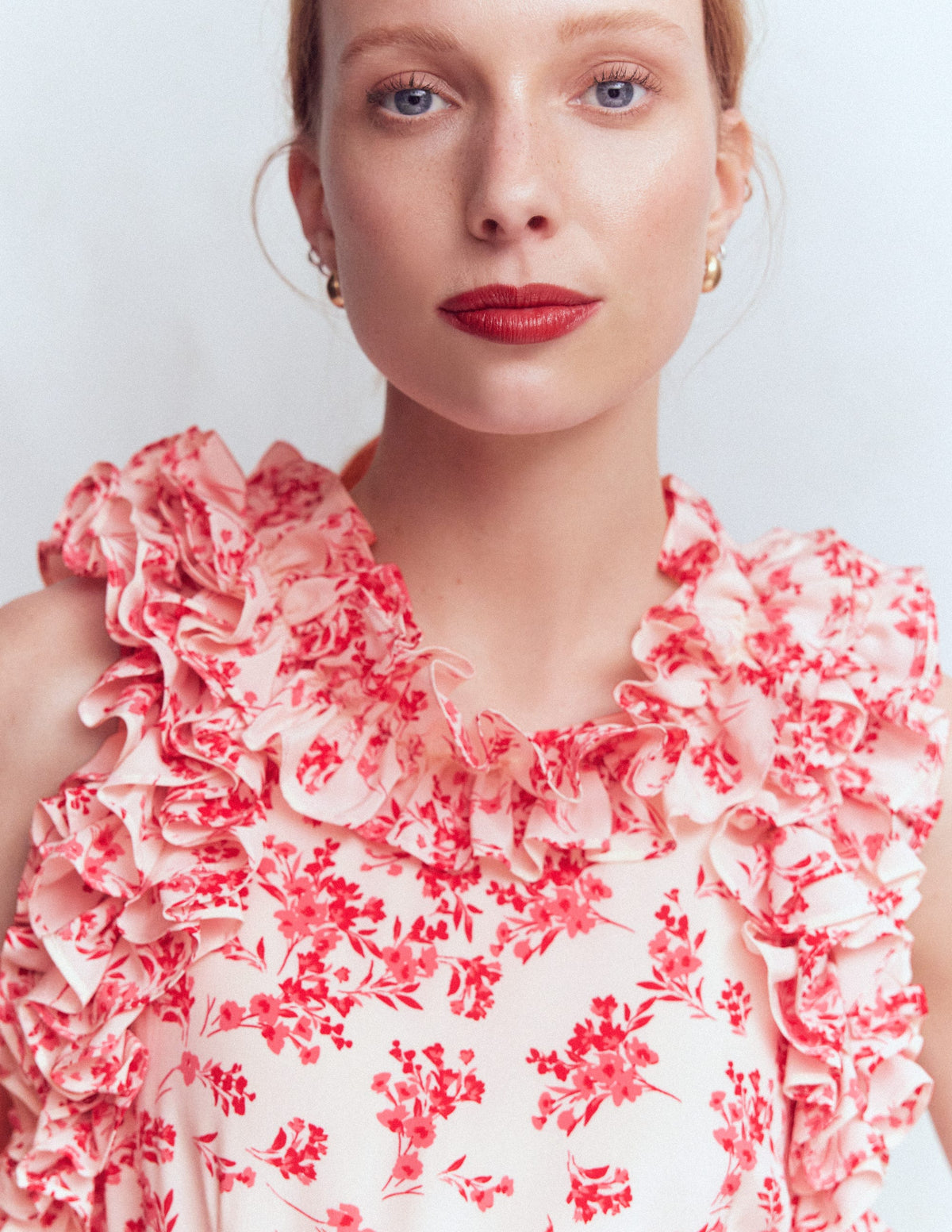 Ruffle Silk Midi Dress-Pink Bloom Scatter Mono - Image 1