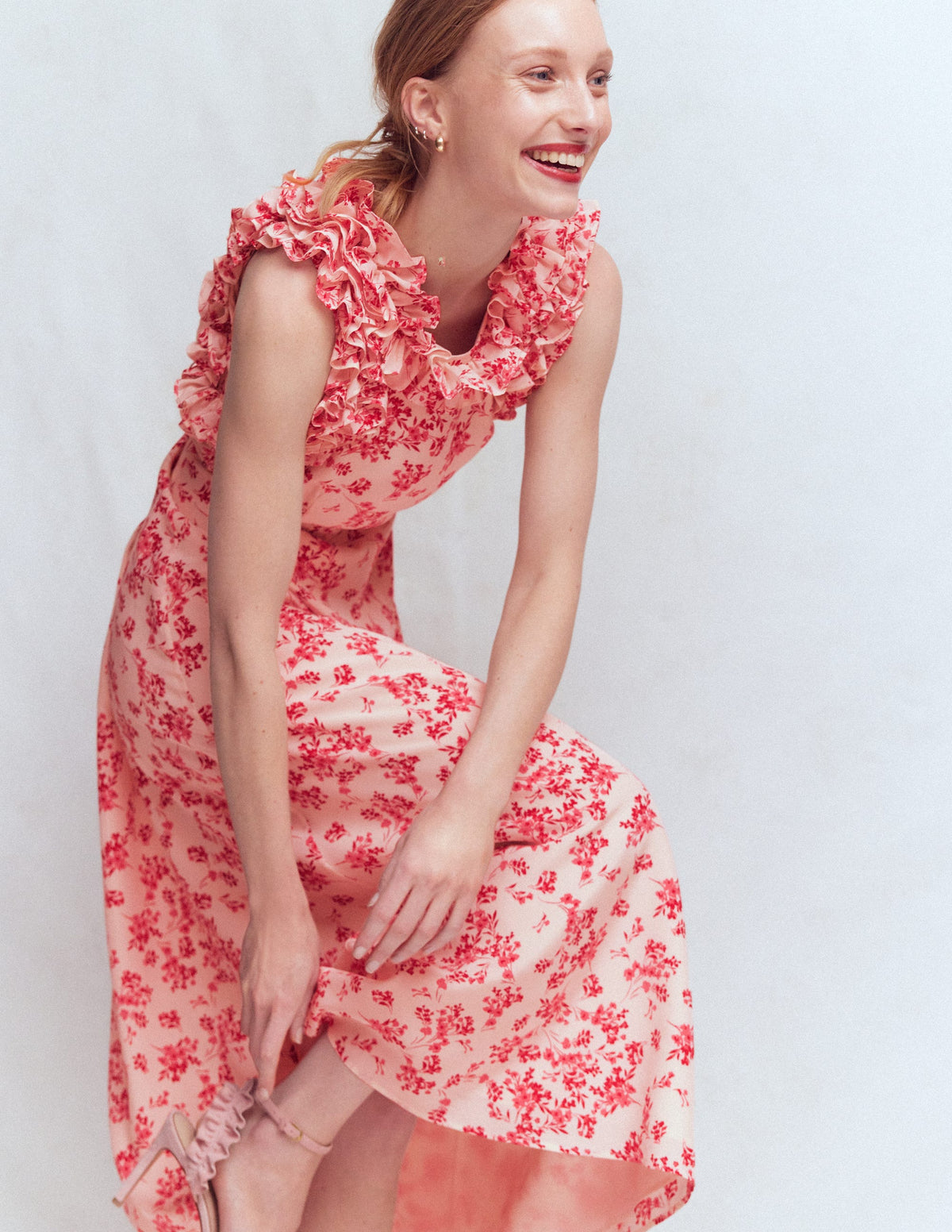Ruffle Silk Midi Dress-Pink Bloom Scatter Mono - Image 3