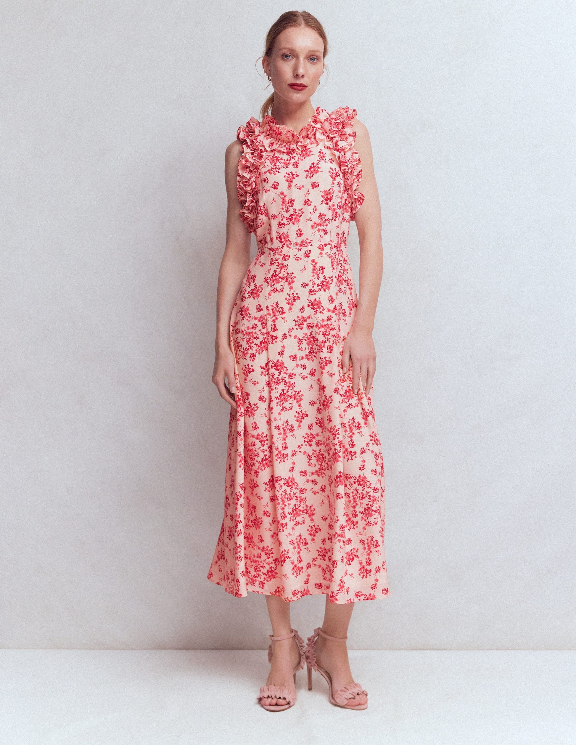 Ruffle Silk Midi Dress-Pink Bloom Scatter Mono-4