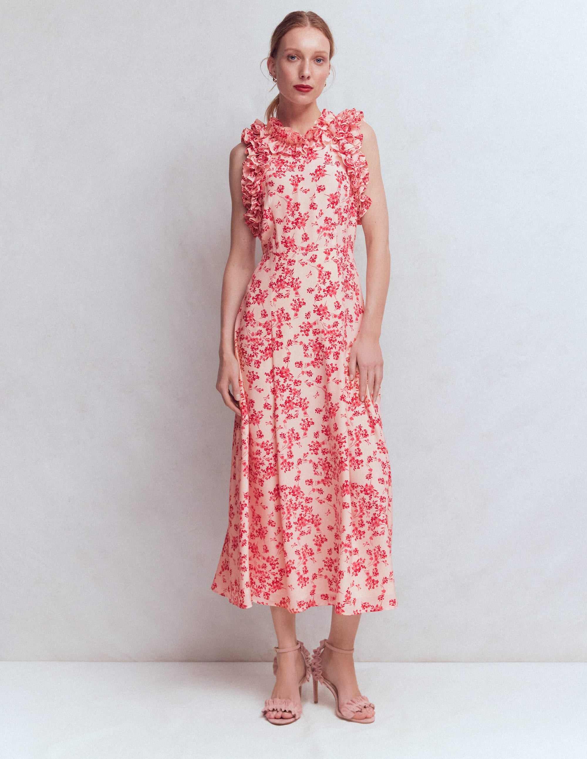 Ruffle Silk Midi Dress-Pink Bloom Scatter Mono - Image 4
