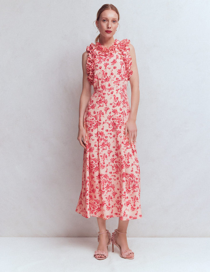 Ruffle Silk Midi Dress-Pink Bloom Scatter Mono